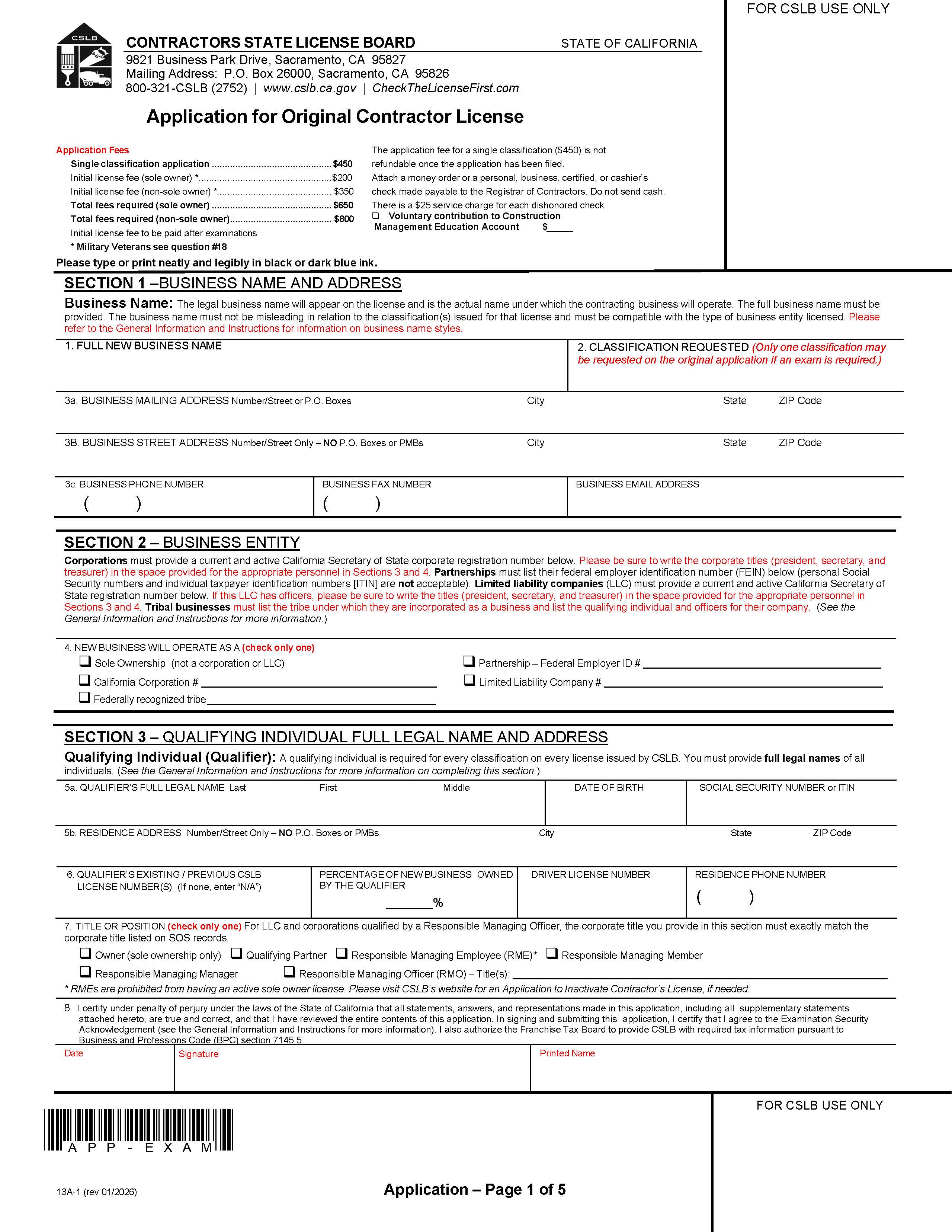 Application For Original Contractors License {13A-1} | Pdf Fpdf Docx | California