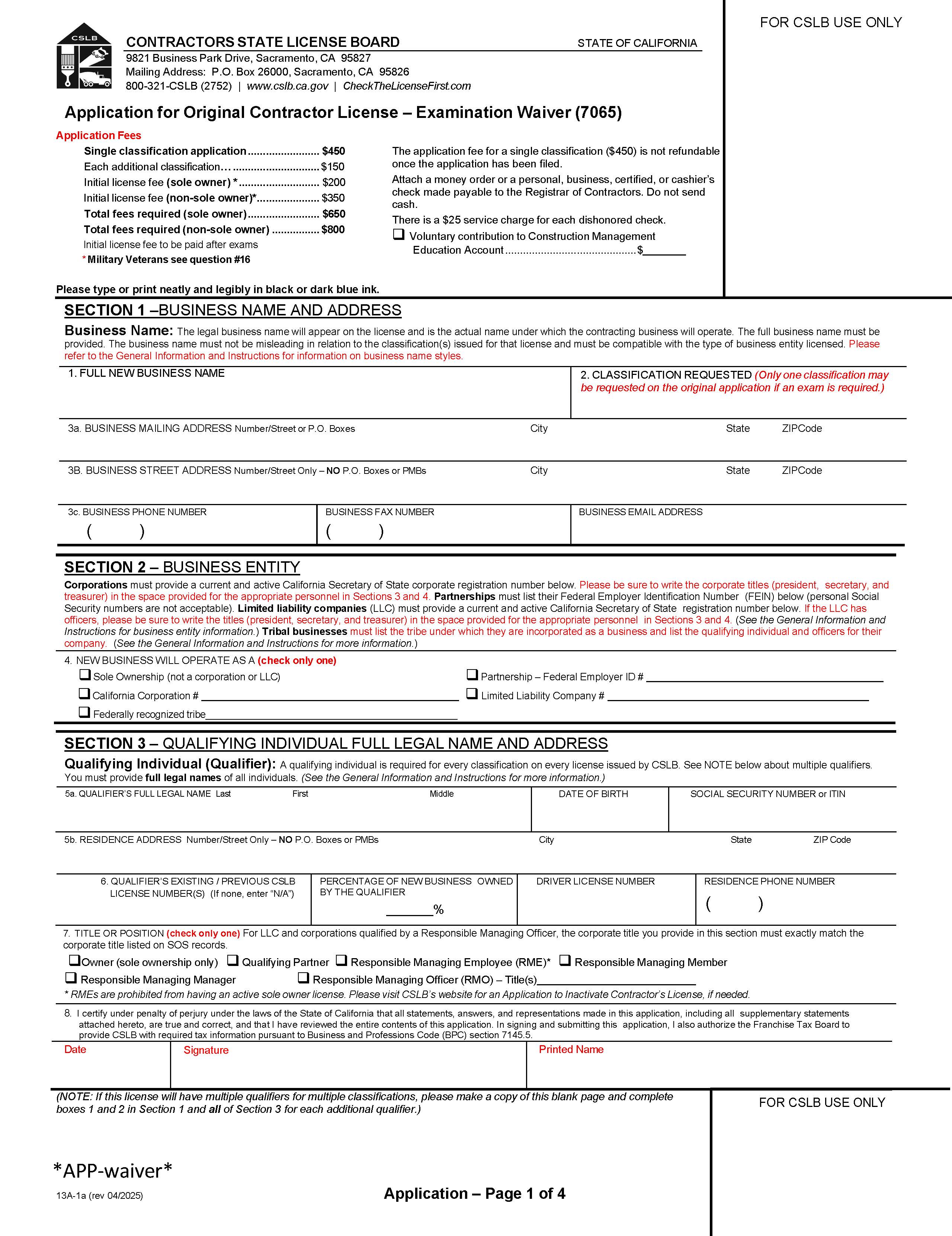Application For Original Contractors License-Examination Waiver (7065) {13A-1a} | Pdf Fpdf Docx | California