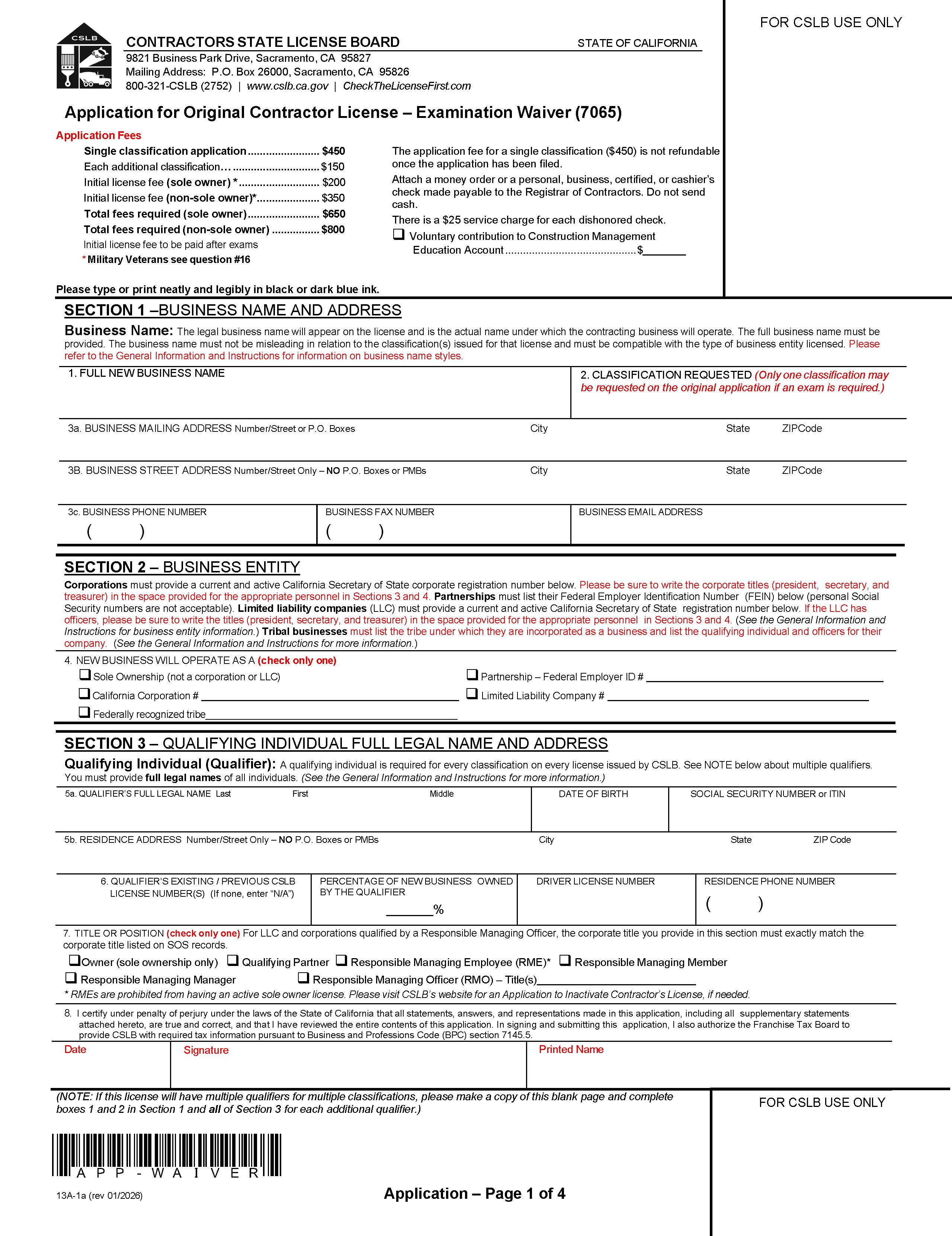 Application For Original Contractors License-Examination Waiver (7065) {13A-1a} | Pdf Fpdf Docx | California
