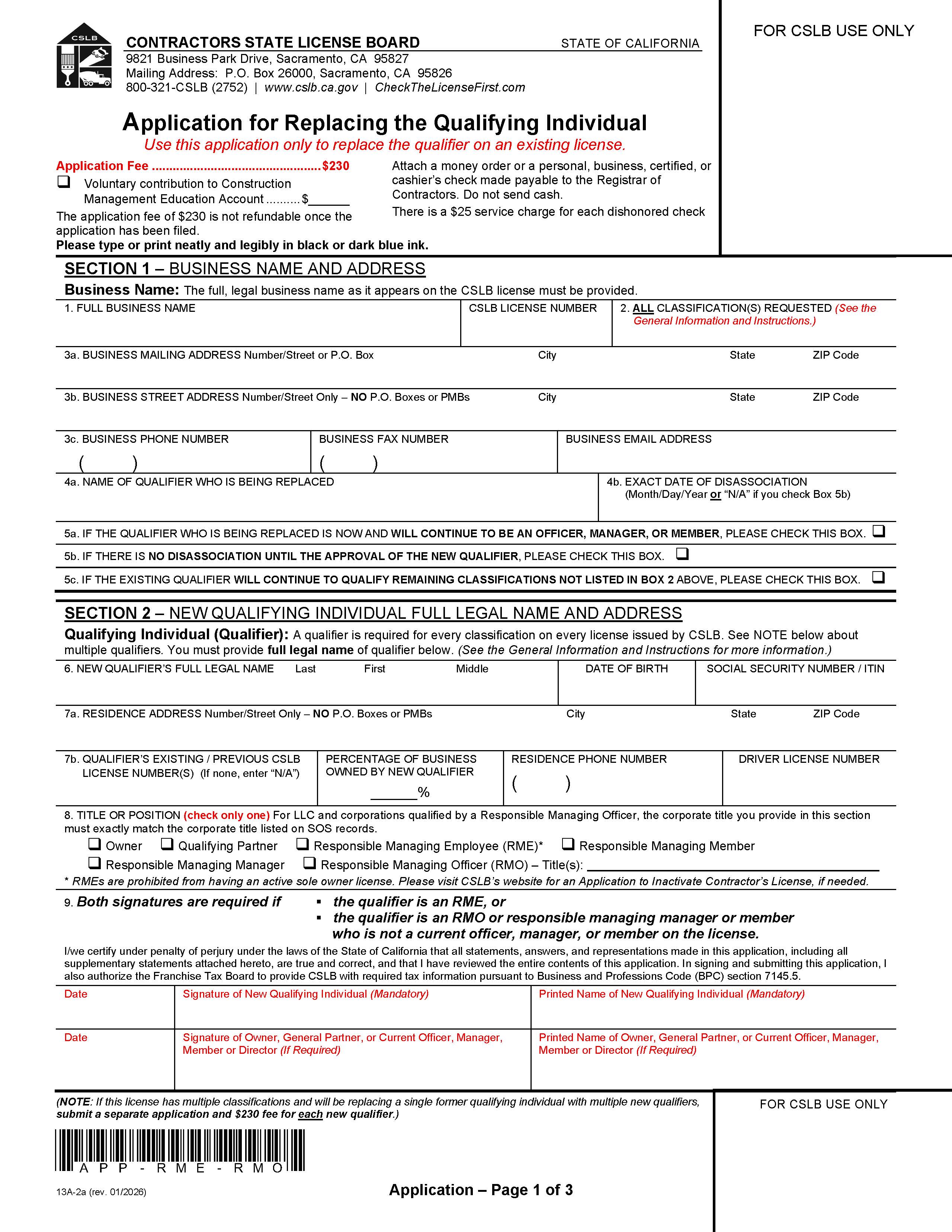 Application For Replacing The Qualifying Individual {13A-2a} | Pdf Fpdf Docx | California