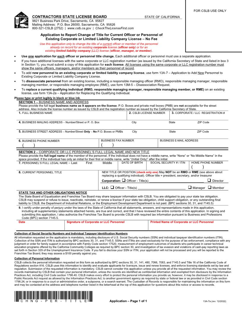 Application To Report Change Of Corporate Title For Current Officer {13A-7a} | Pdf Fpdf Docx | California
