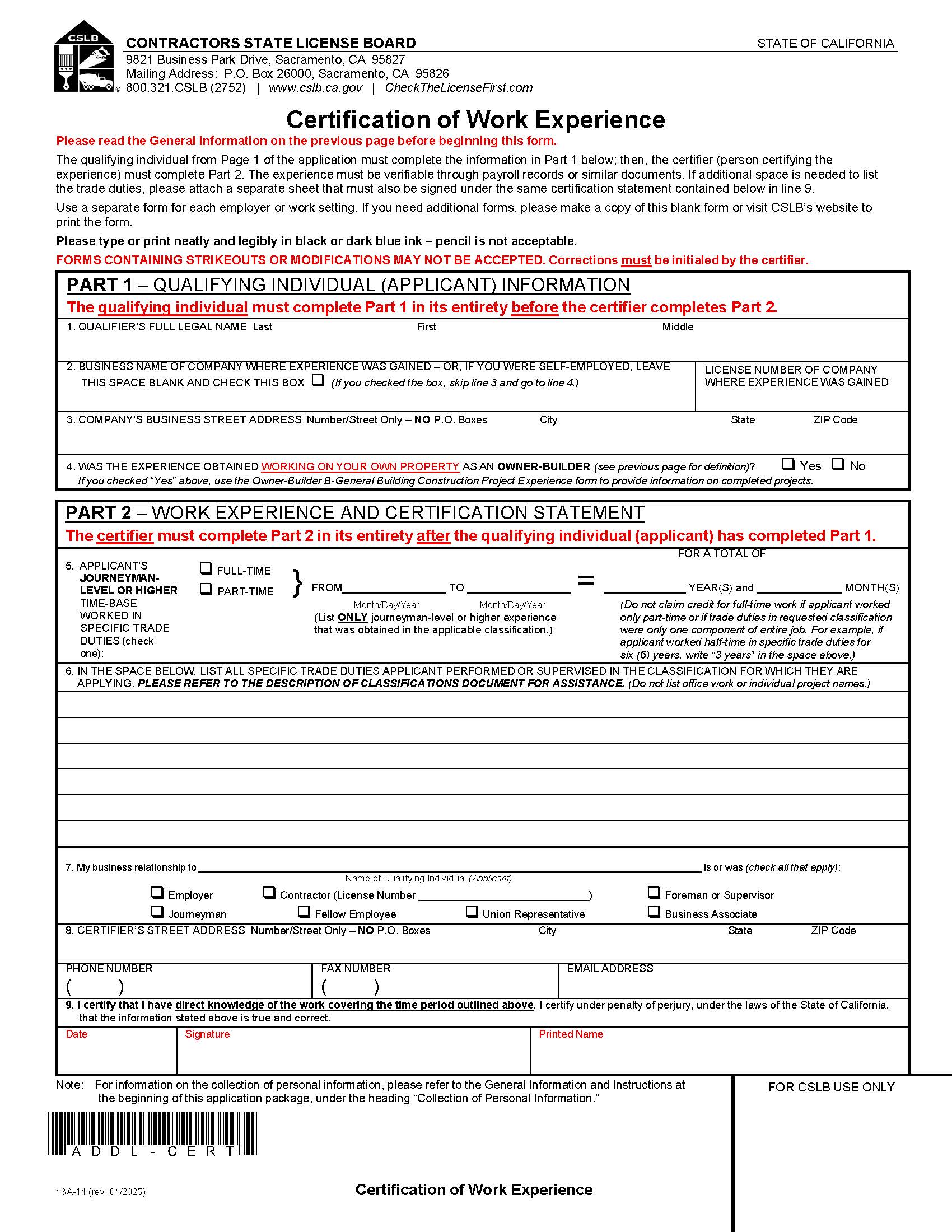 Certification Of Work Experience {13A-11} | Pdf Fpdf Docx | California
