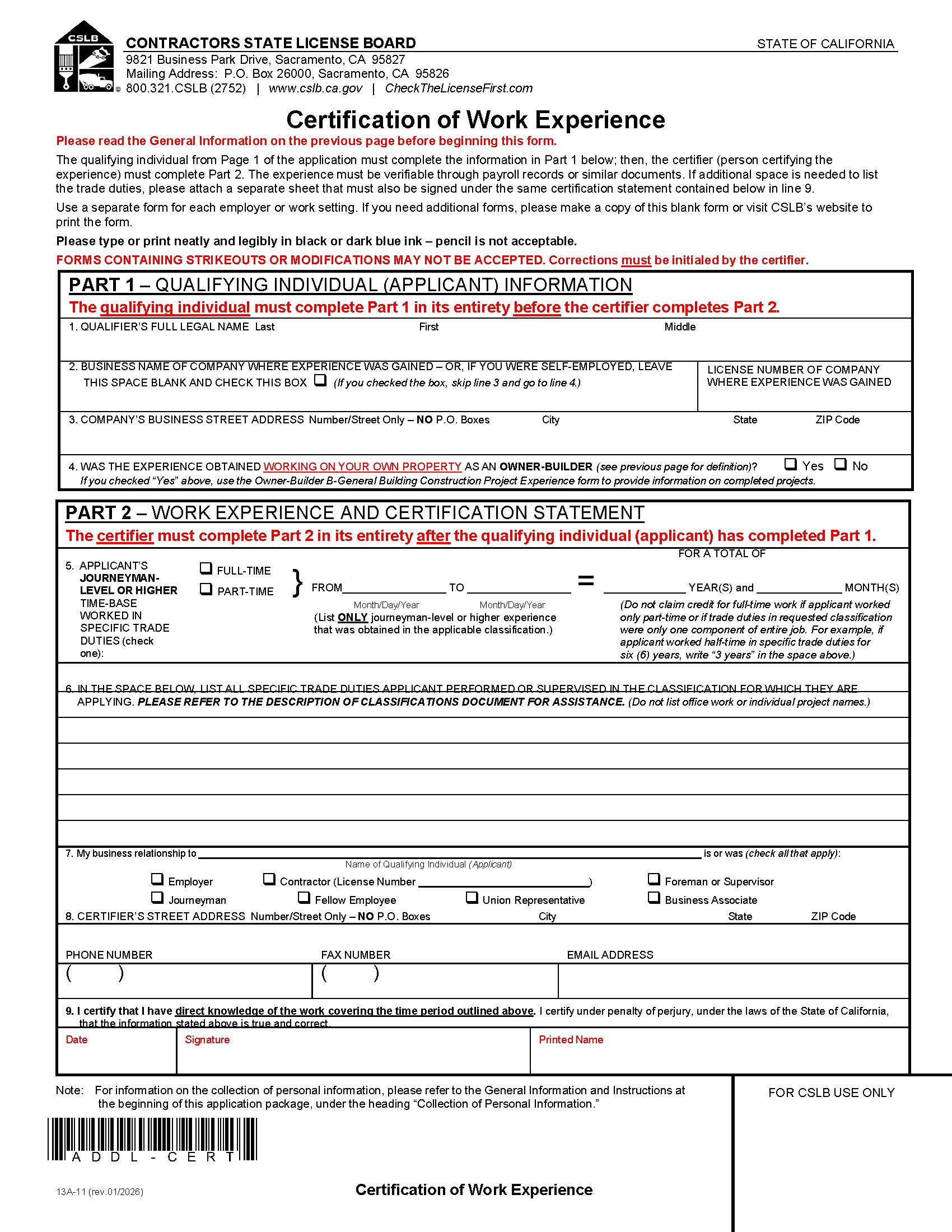 Certification Of Work Experience {13A-11} | Pdf Fpdf Docx | California