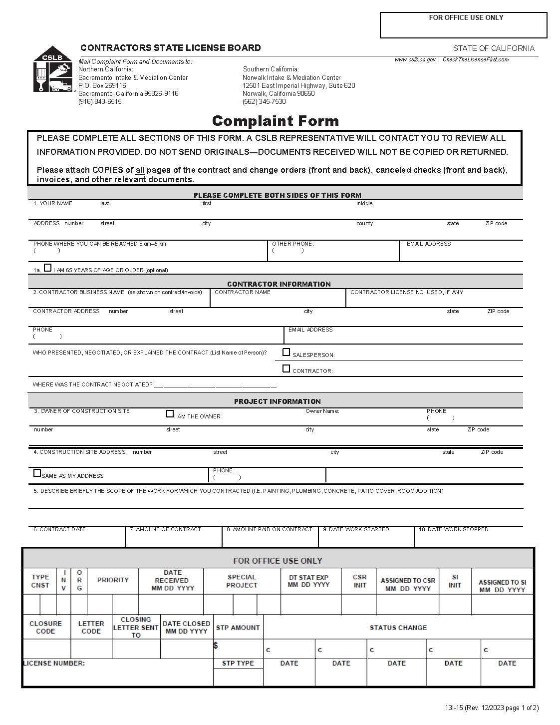 Construction Complaint Form {13l-15} | Pdf Fpdf Doc Docx | California