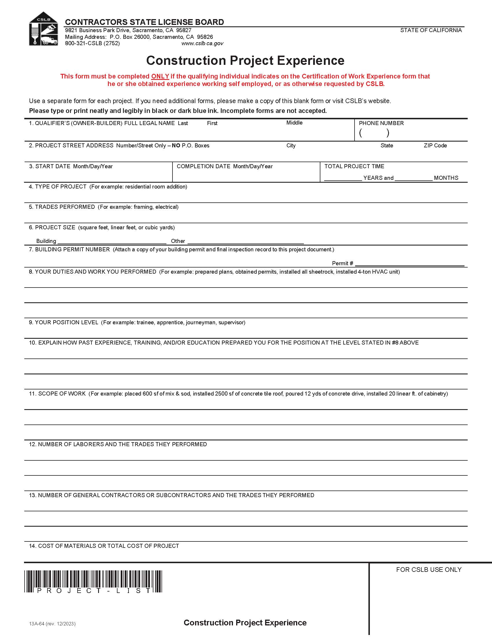 Construction Project Experience Form {13A-64} | Pdf Fpdf Docx | California