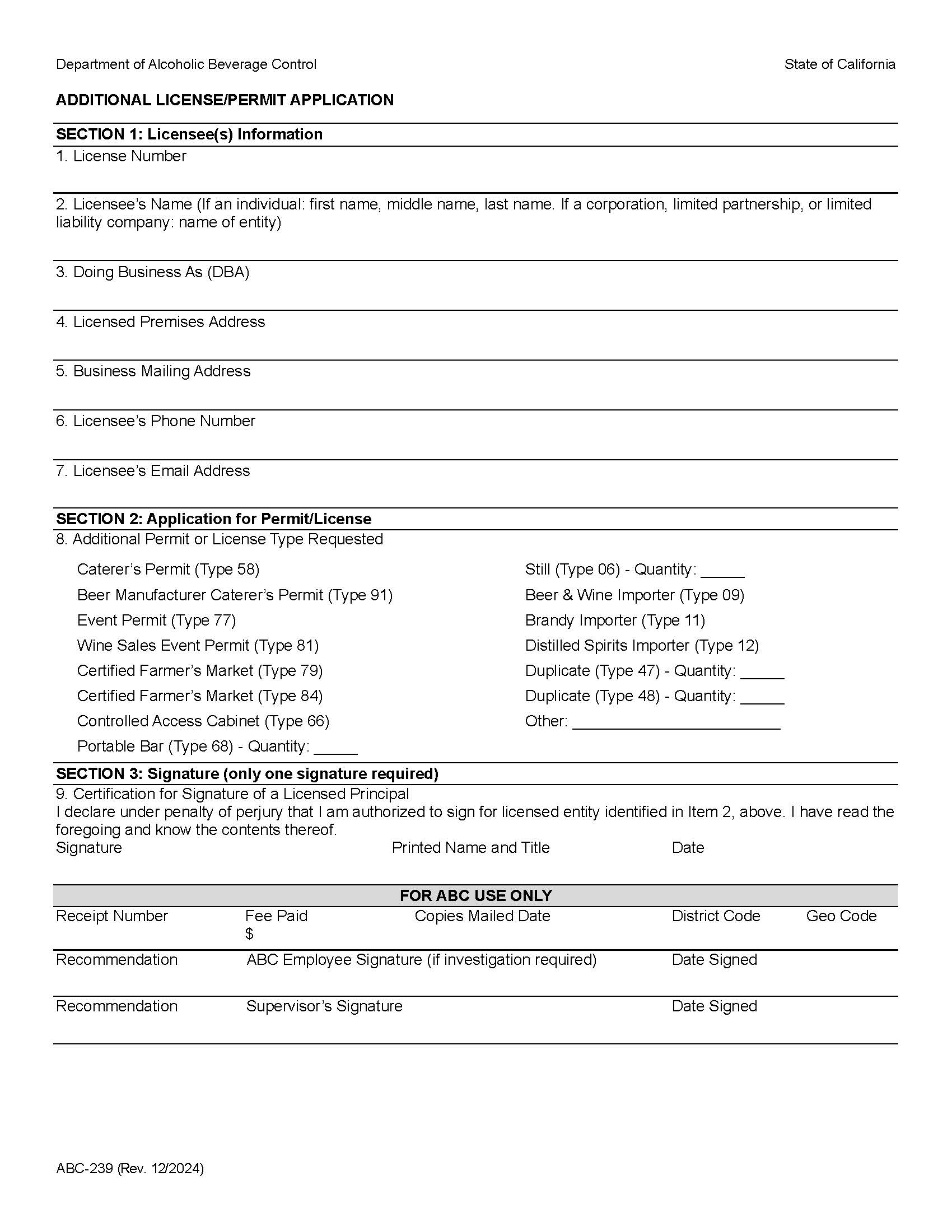 Additional License-Permit Application {ABC-239} | Pdf Fpdf Doc Docx | California