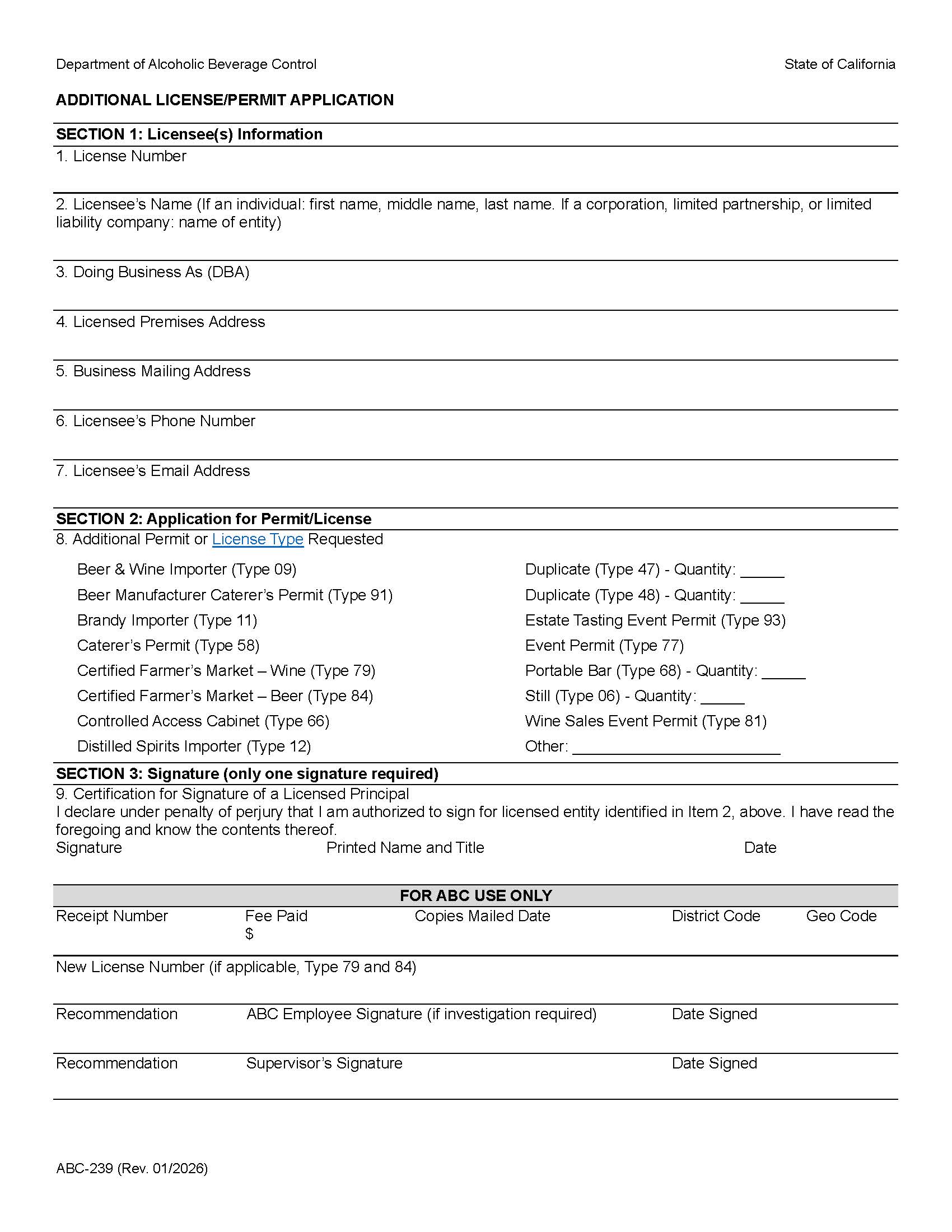 Additional License-Permit Application {ABC-239} | Pdf Fpdf Doc Docx | California