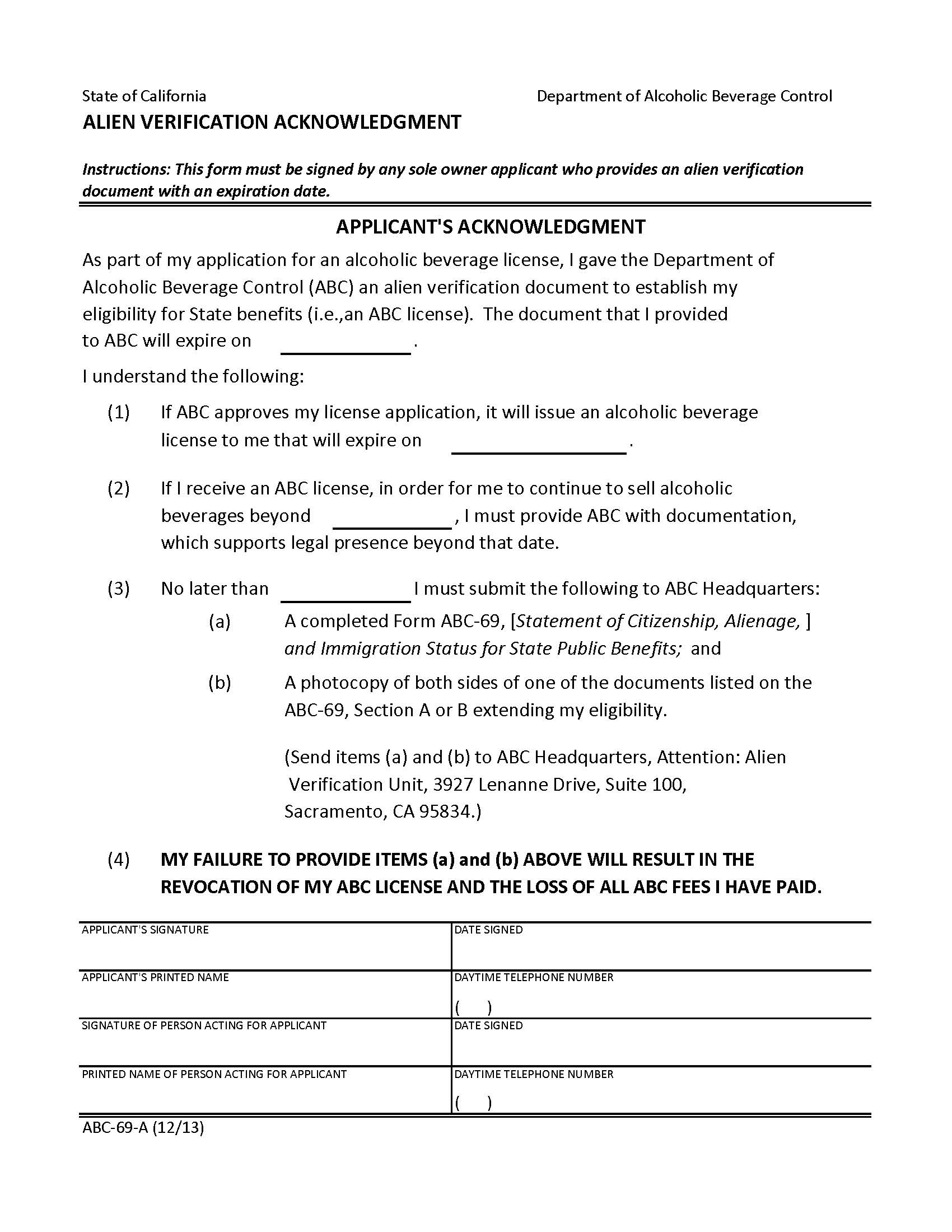Alien Verification Acknowledgement {ABC-69-A} | Pdf Fpdf Doc Docx | California
