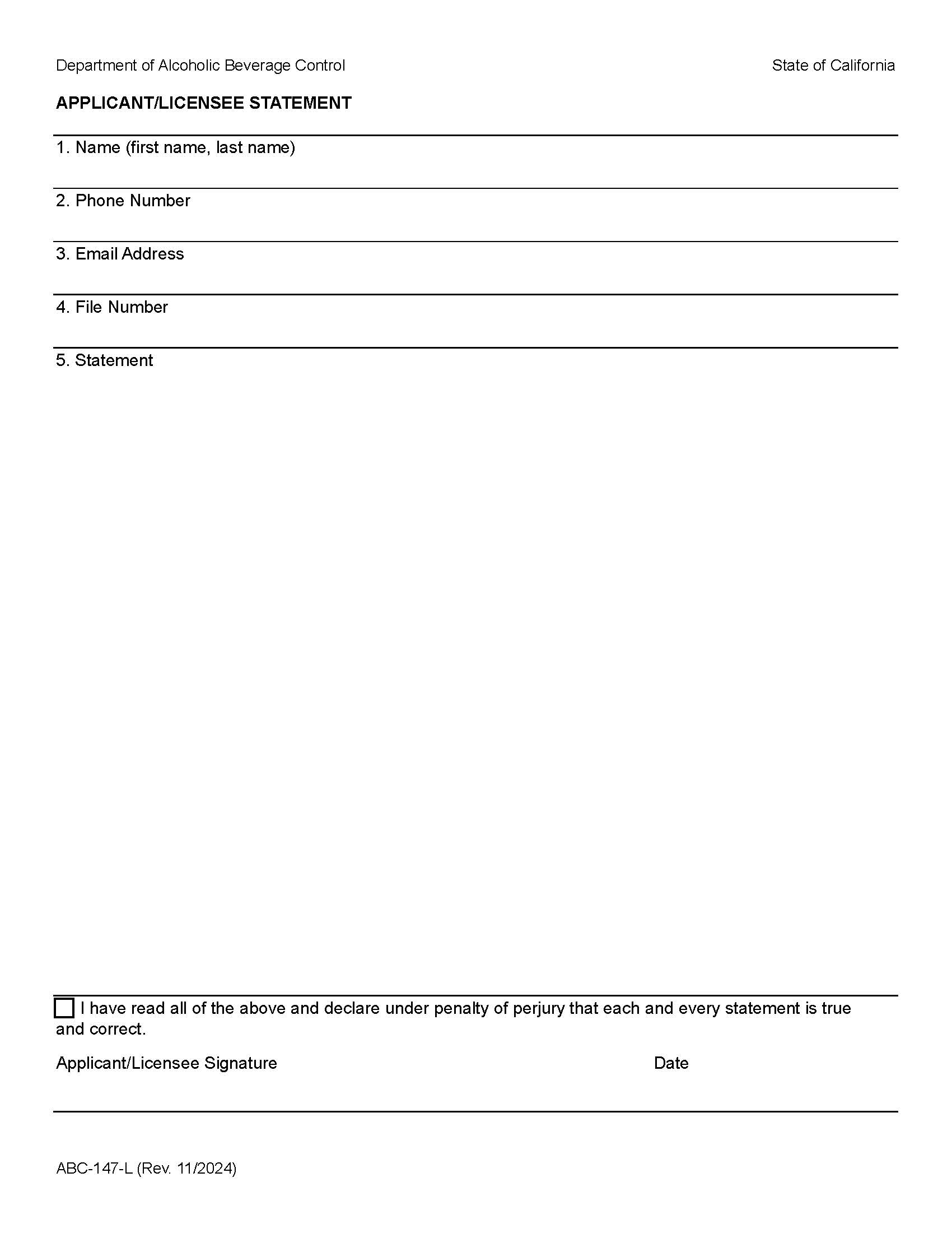 Applicant-Licensee Statement {ABC-147-L} | Pdf Fpdf Docx | California