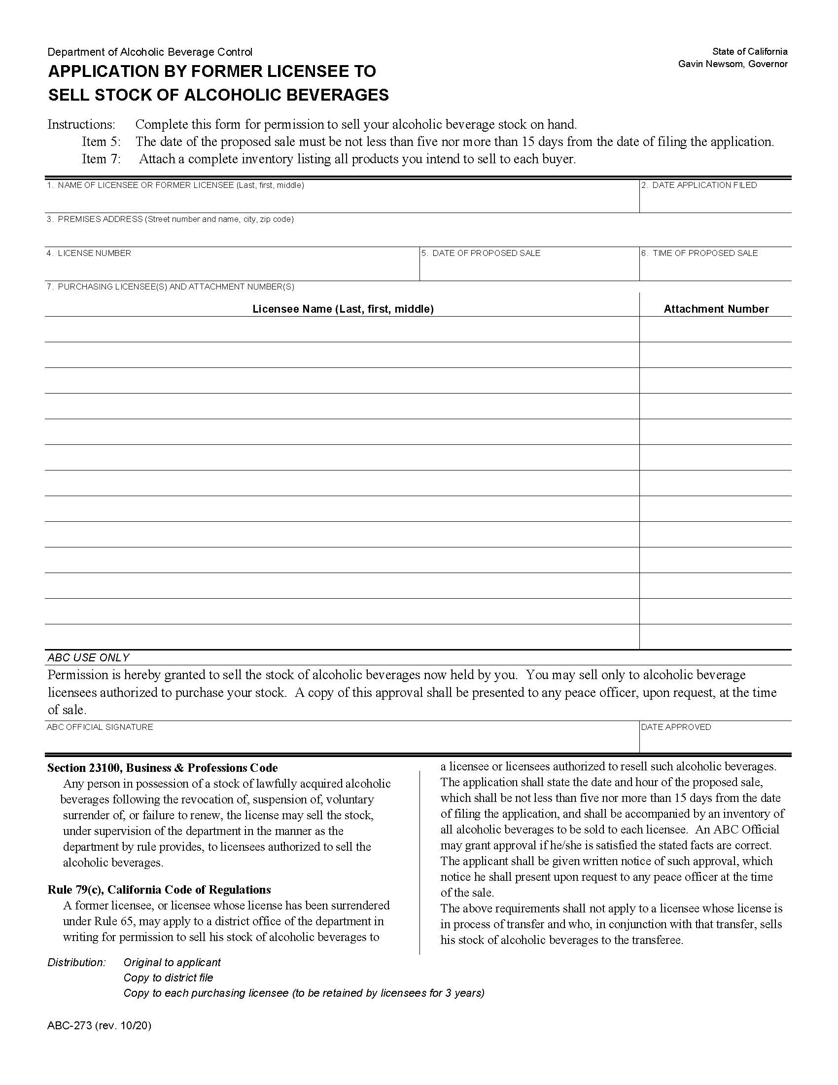 Application By Former Licensee To Sell Stock Of Alcoholic Beverages {ABC-273} | Pdf Fpdf Docx | California