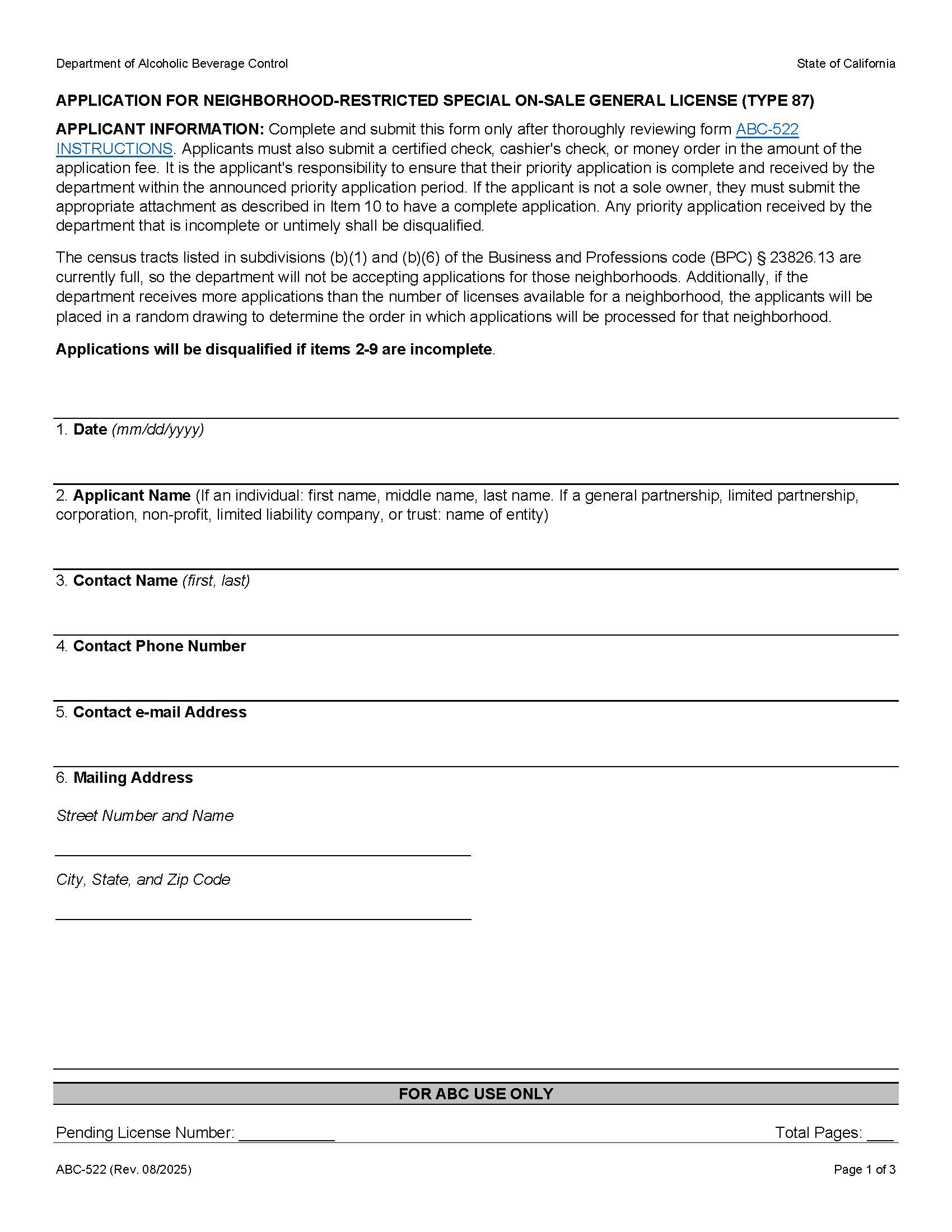 Application For Neighborhood Restricted Special On-Sale General License (Type 87) {ABC-522} | Pdf Fpdf Docx | California