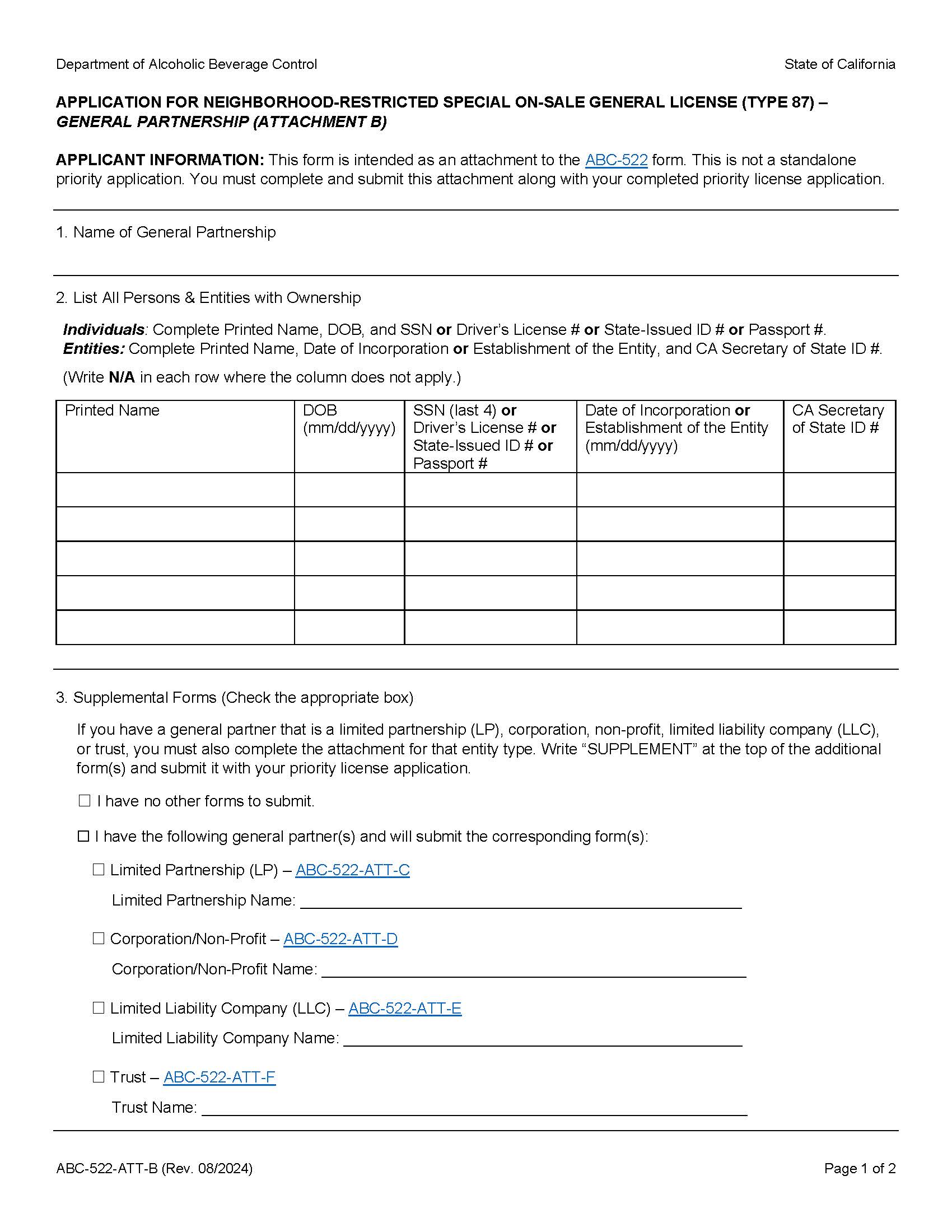Application For Neighborhood Restricted Special On-Sale General License (Type 87)-GP {ABC-522-ATT-B} | Pdf Fpdf Docx | California