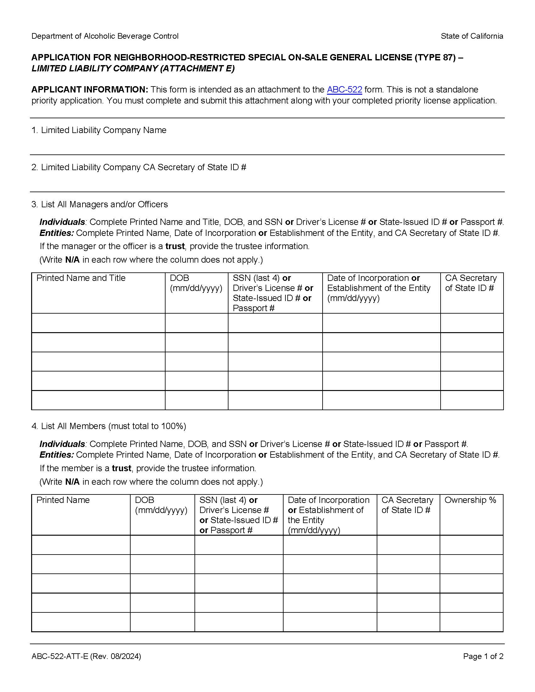 Application For Neighborhood Restricted Special On-Sale General License (Type 87)-LLC {ABC-522-ATT-E} | Pdf Fpdf Docx | California
