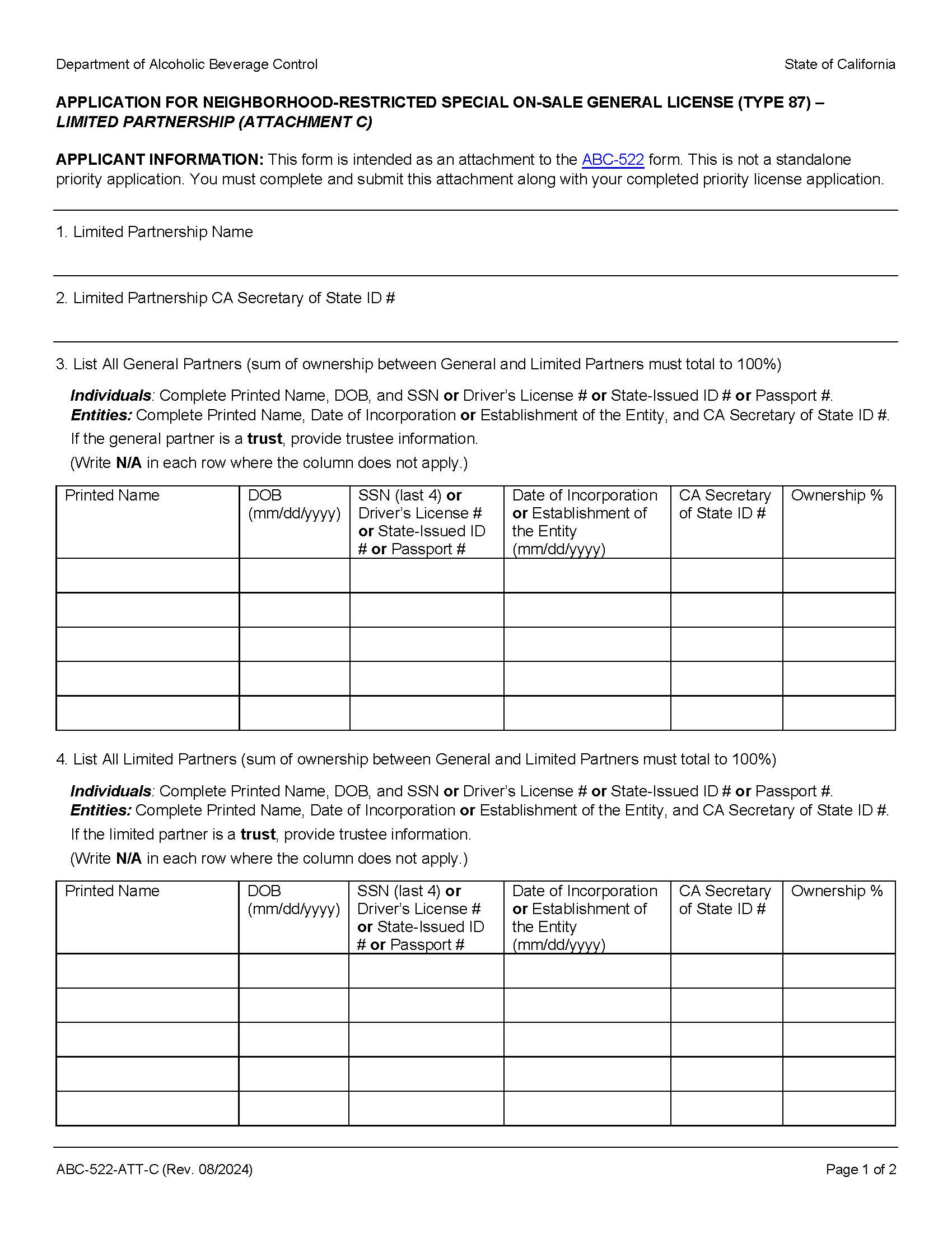 Application For Neighborhood Restricted Special On-Sale General License (Type 87)-LP {ABC-522-ATT-C} | Pdf Fpdf Docx | California