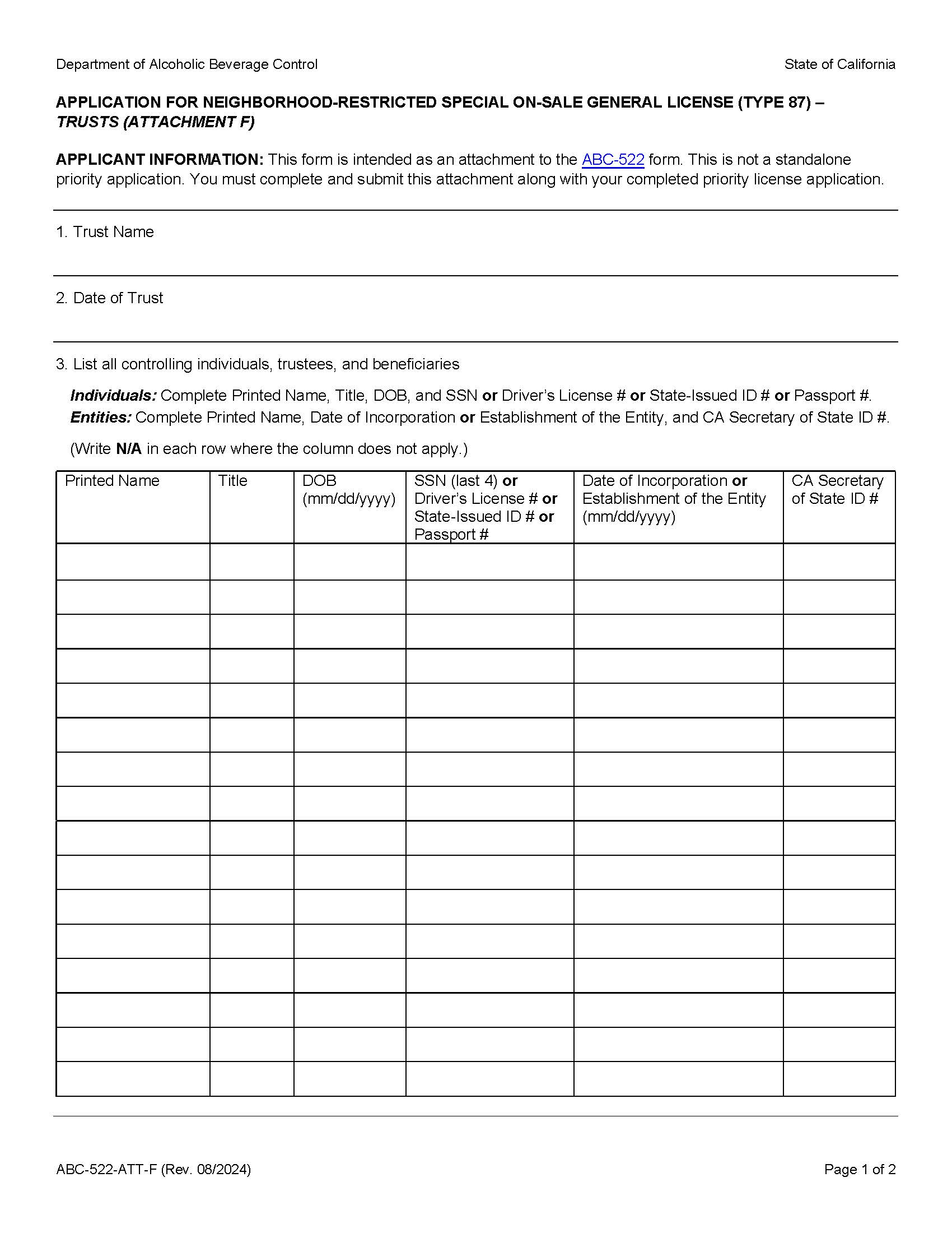 Application For Neighborhood Restricted Special On-Sale General License (Type 87)-Trusts {ABC-522-ATT-F} | Pdf Fpdf Docx | California