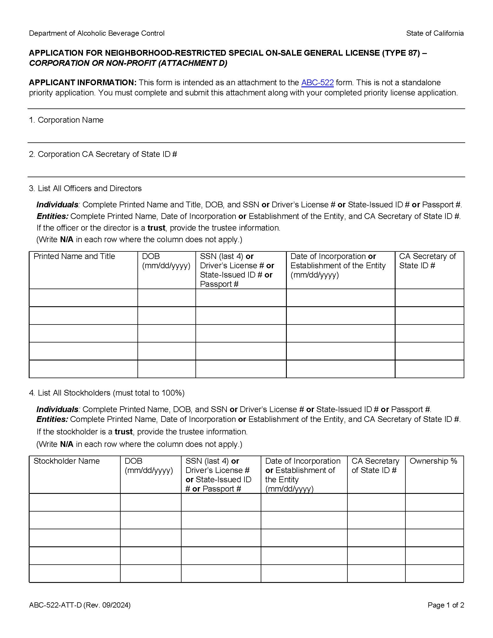 Application For Neighborhood Restricted Special On-Sale General License-Corporation Or NP {ABC-522-ATT-D} | Pdf Fpdf Docx | California