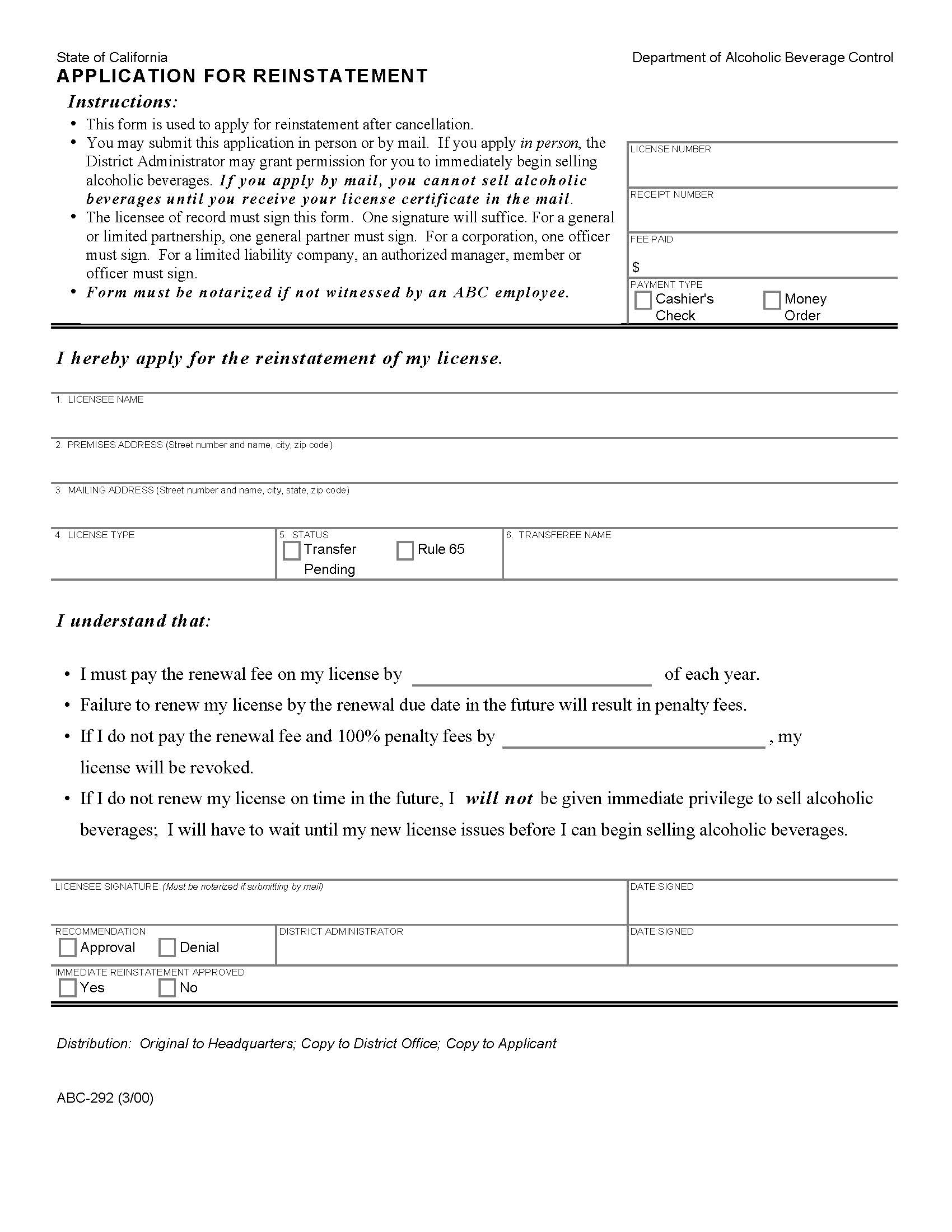 Application For Reinstatement {ABC-292} | Pdf Fpdf Doc Docx | California