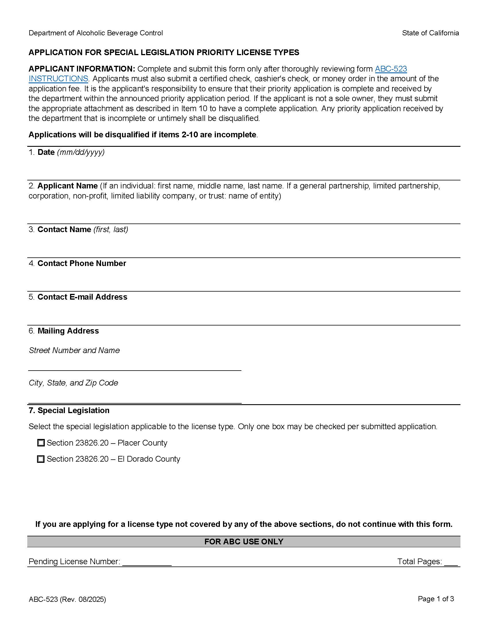 Application For Special Legislation Priority License Types {ABC-523} | Pdf Fpdf Docx | California