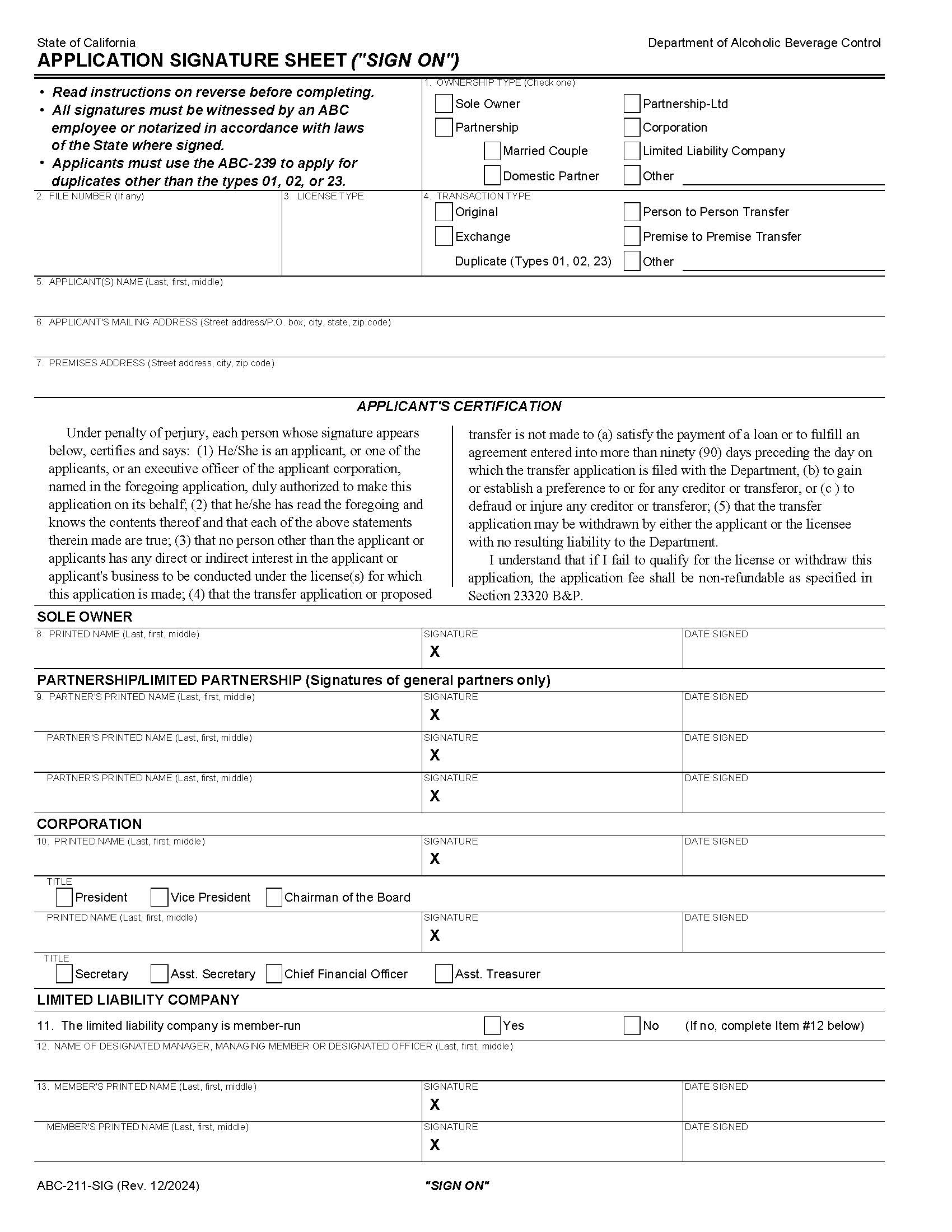 Application Signature Sheet (Sign On) {ABC-211-SIG} | Pdf Fpdf Doc Docx | California