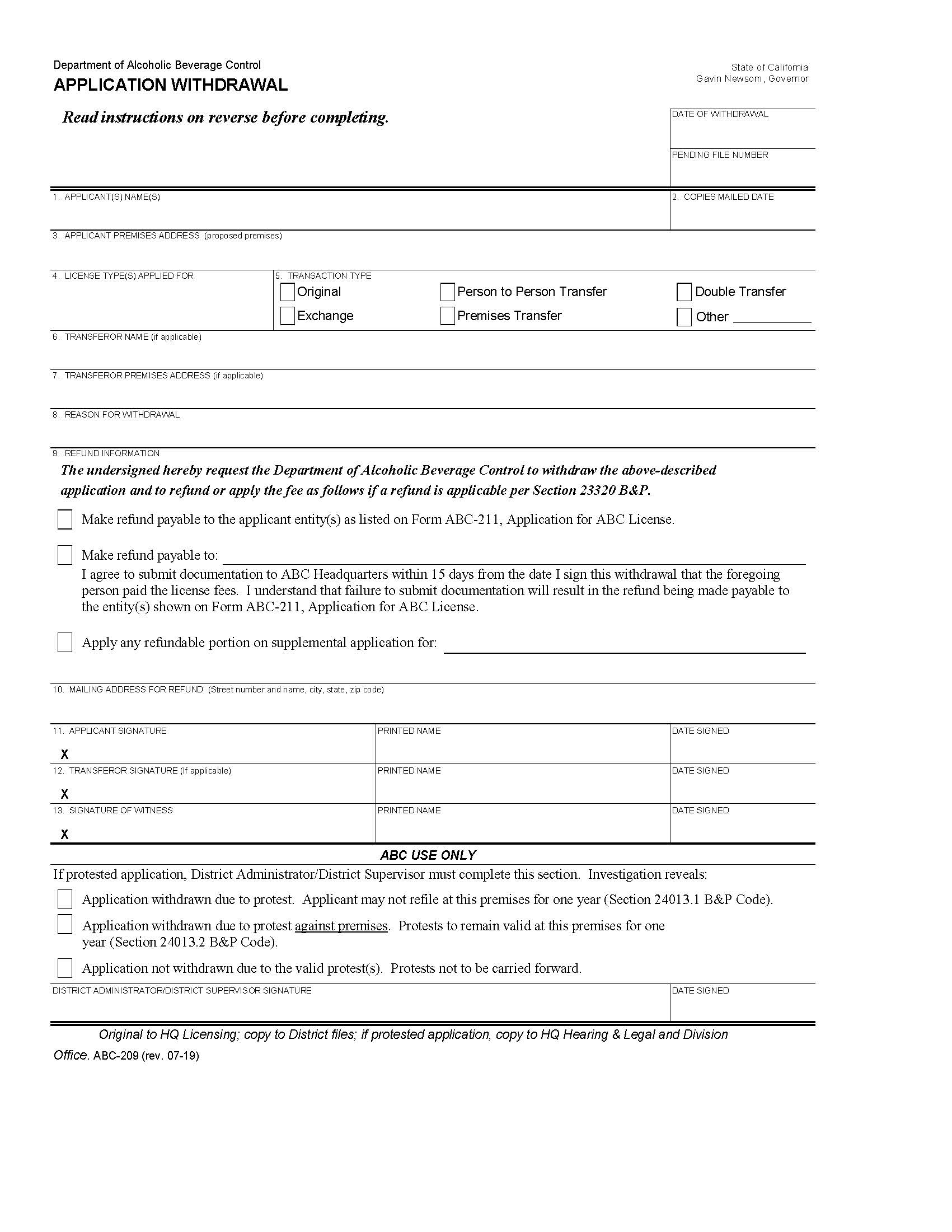 Application Withdrawal {ABC-209} | Pdf Fpdf Docx | California