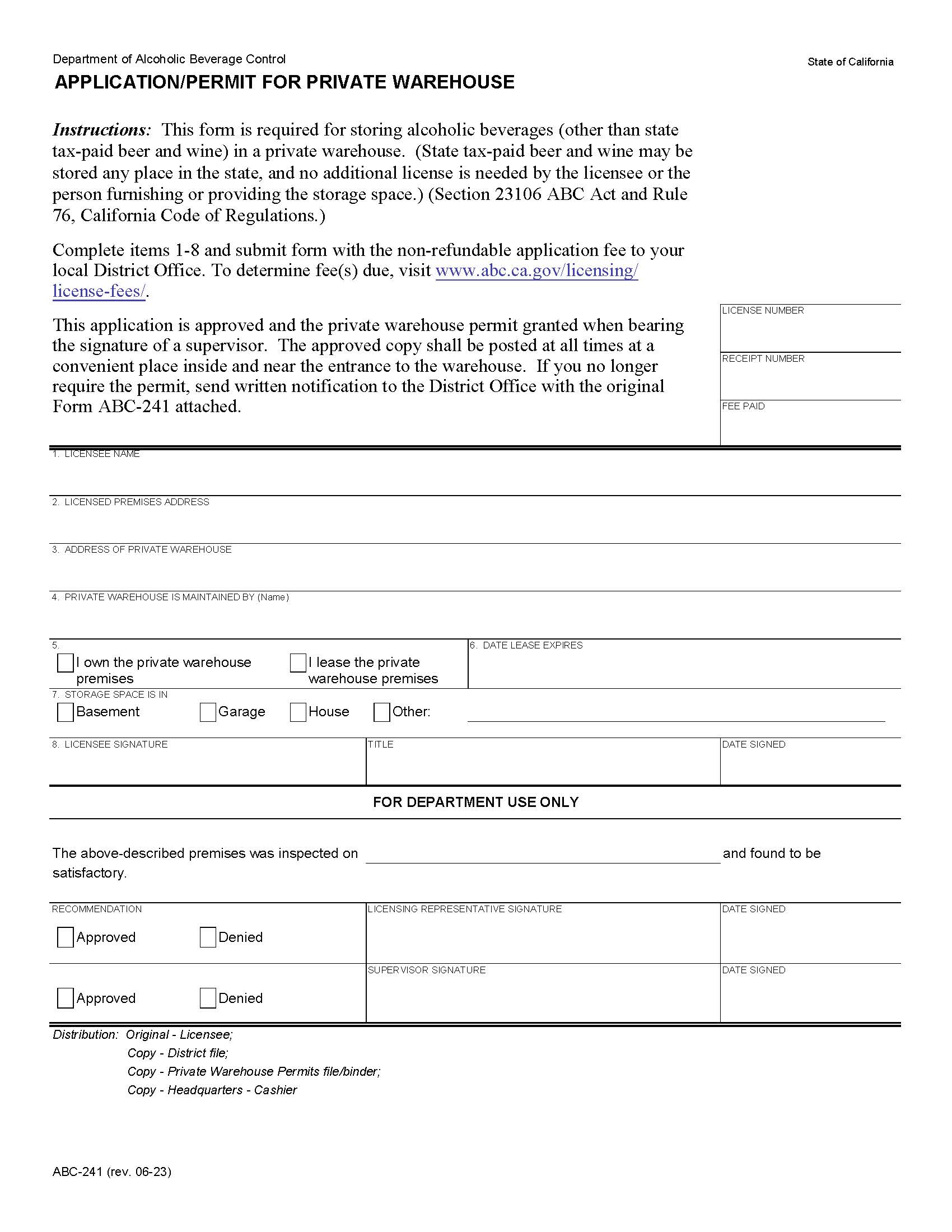 Application-Permit For Private Warehouse {ABC-241} | Pdf Fpdf Docx | California