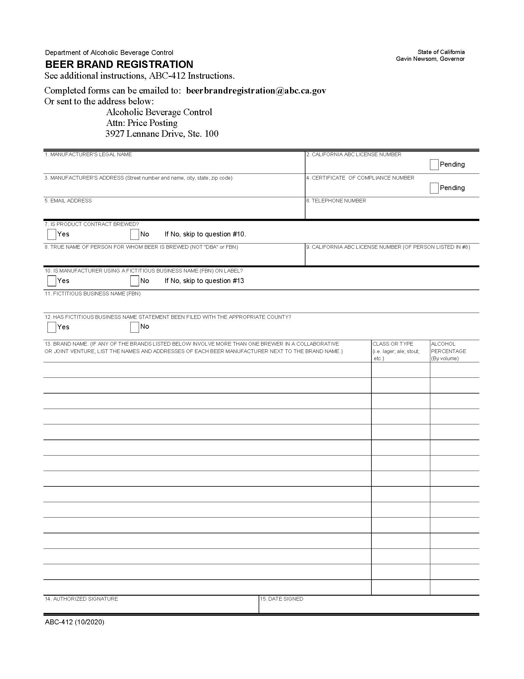 Beer Brand Registration {ABC-412} | Pdf Fpdf Docx | California