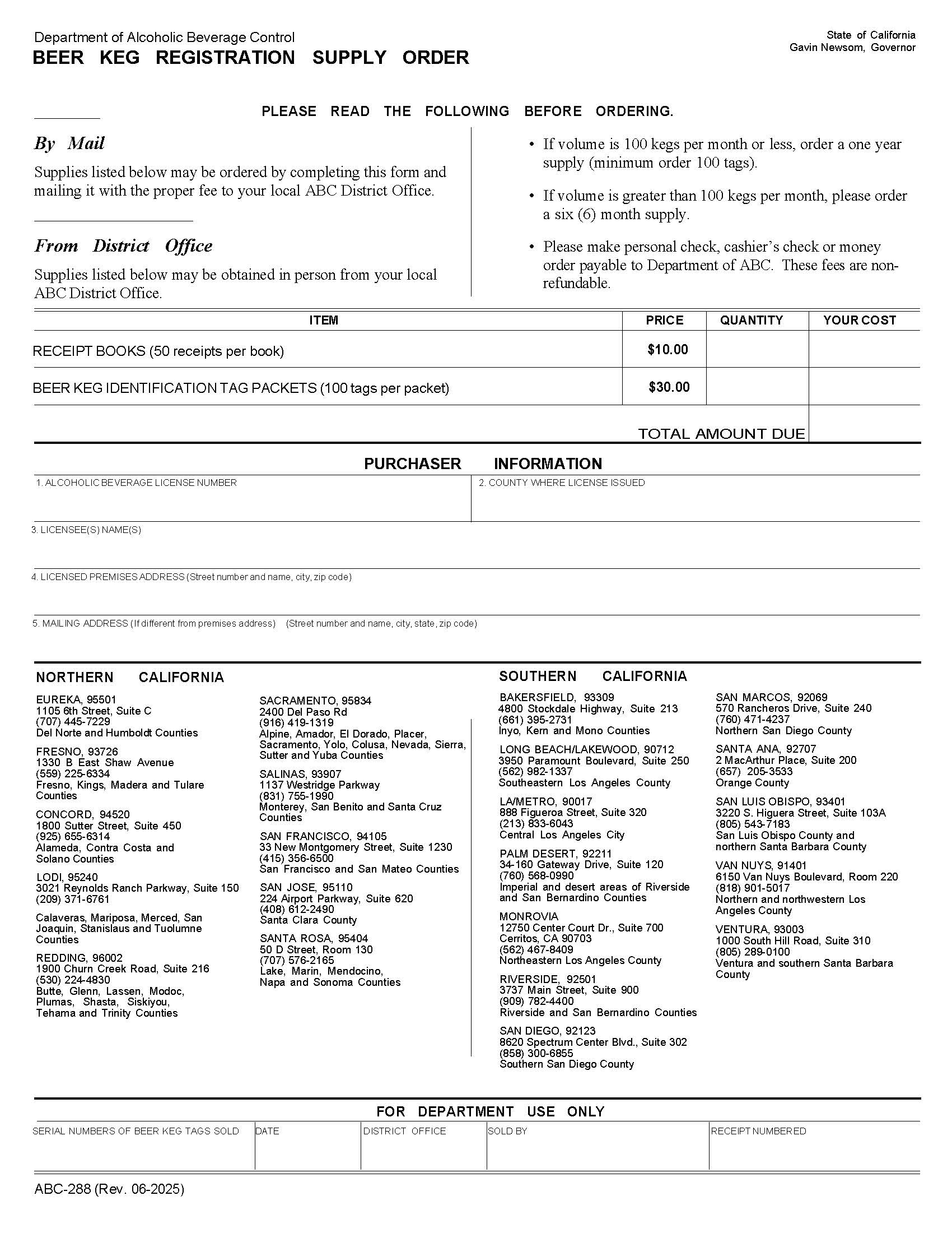 Beer Keg Registration Supply Order {ABC-288} | Pdf Fpdf Doc Docx | California