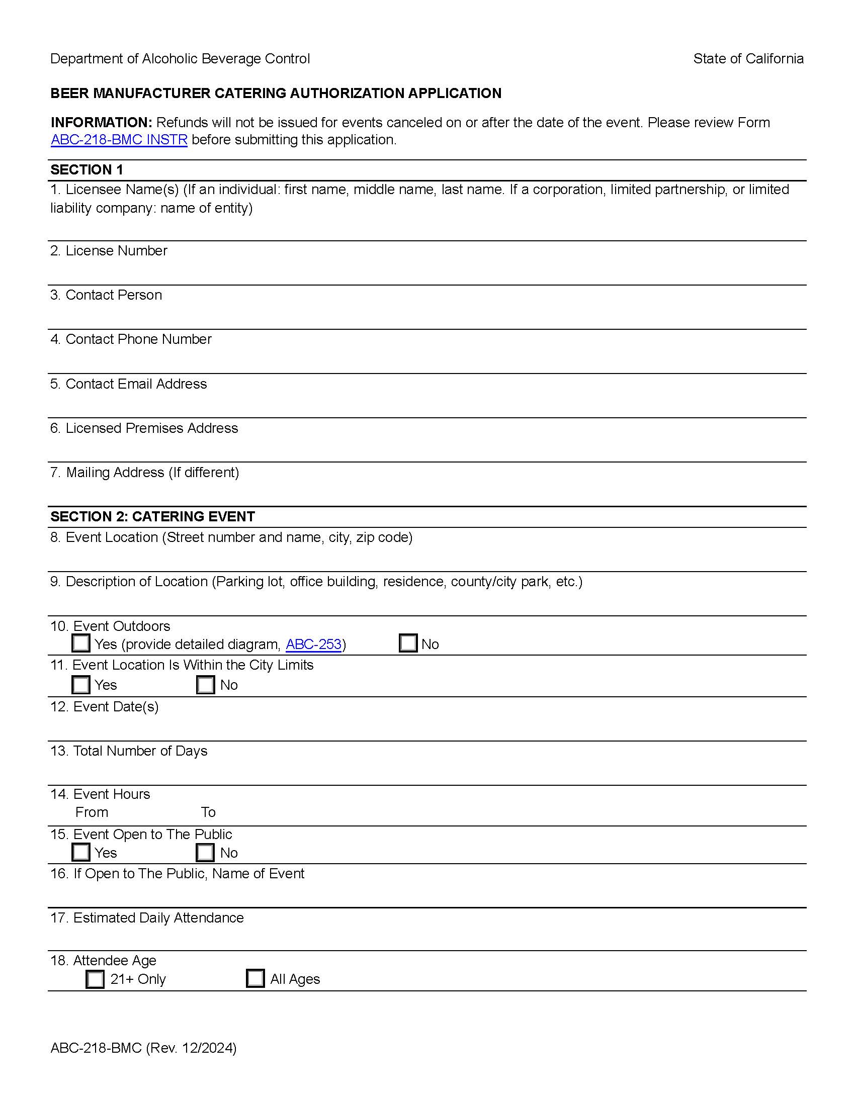 Beer Manufacterer Catering Authorization Application {ABC-218-BMC} | Pdf Fpdf Docx | California
