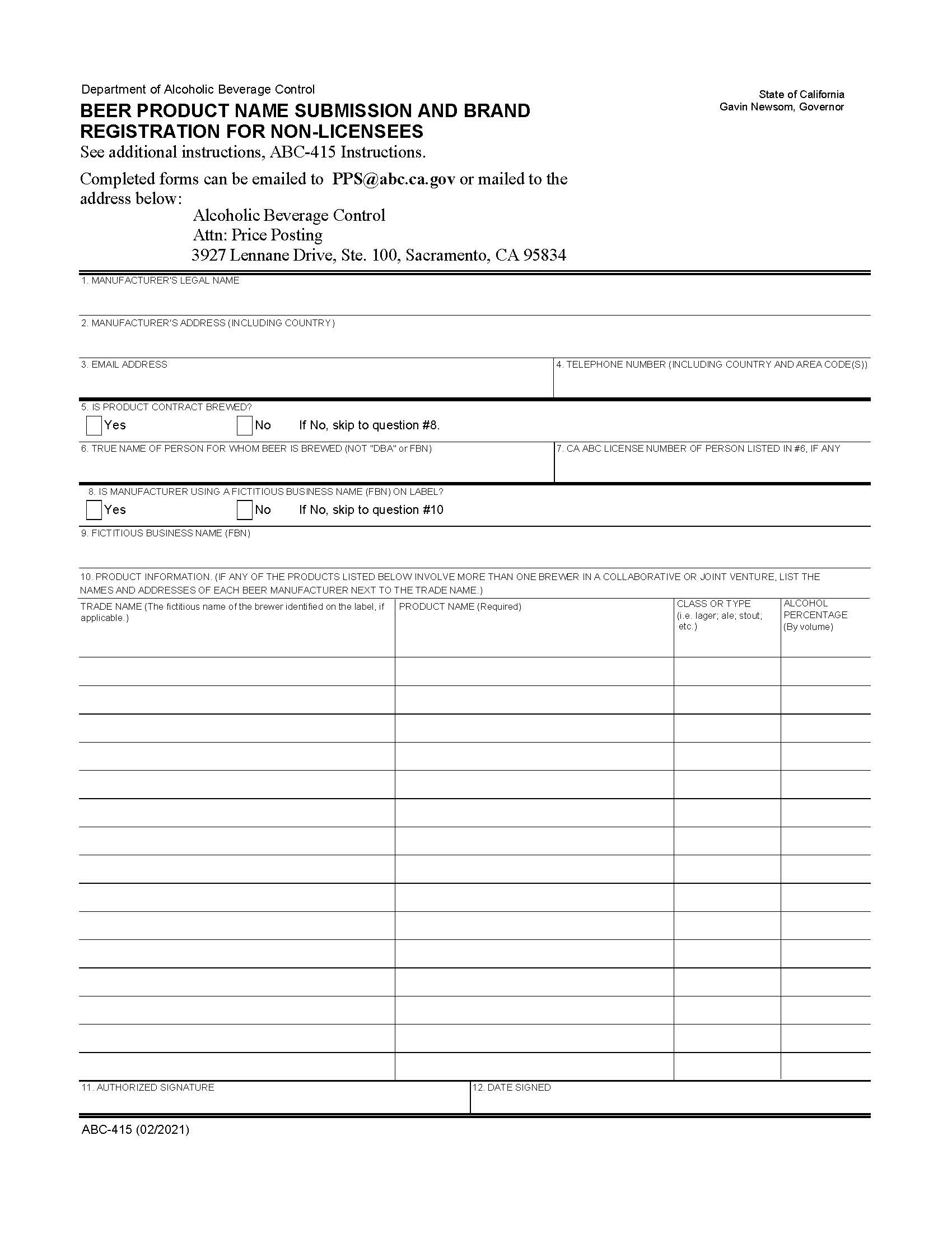 Beer Product Name Submission And Brand Registration For Non-Licensees {ABC-415} | Pdf Fpdf Docx | California