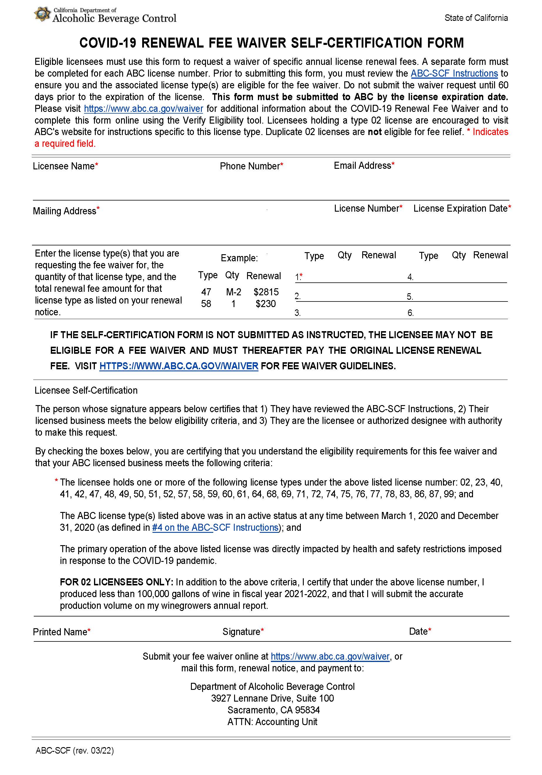 COVID-19 Renewal Fee Waiver Self-Certification Form {ABC-SCF} | Pdf Fpdf Docx | California