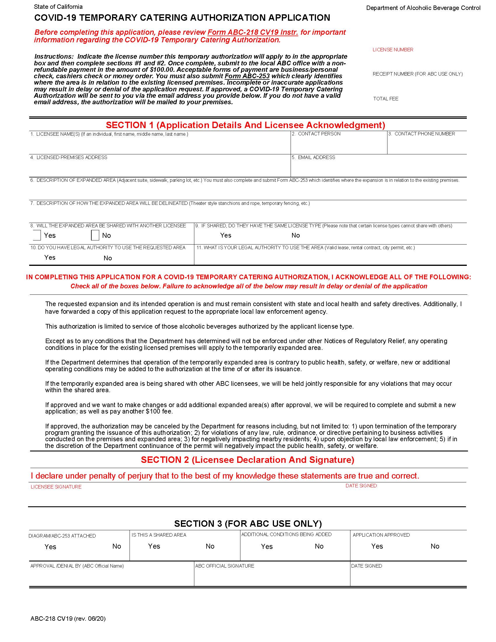 COVID-19 Temporary Catering Authorization Application {ABC-218 CV19} | Pdf Fpdf Docx | California