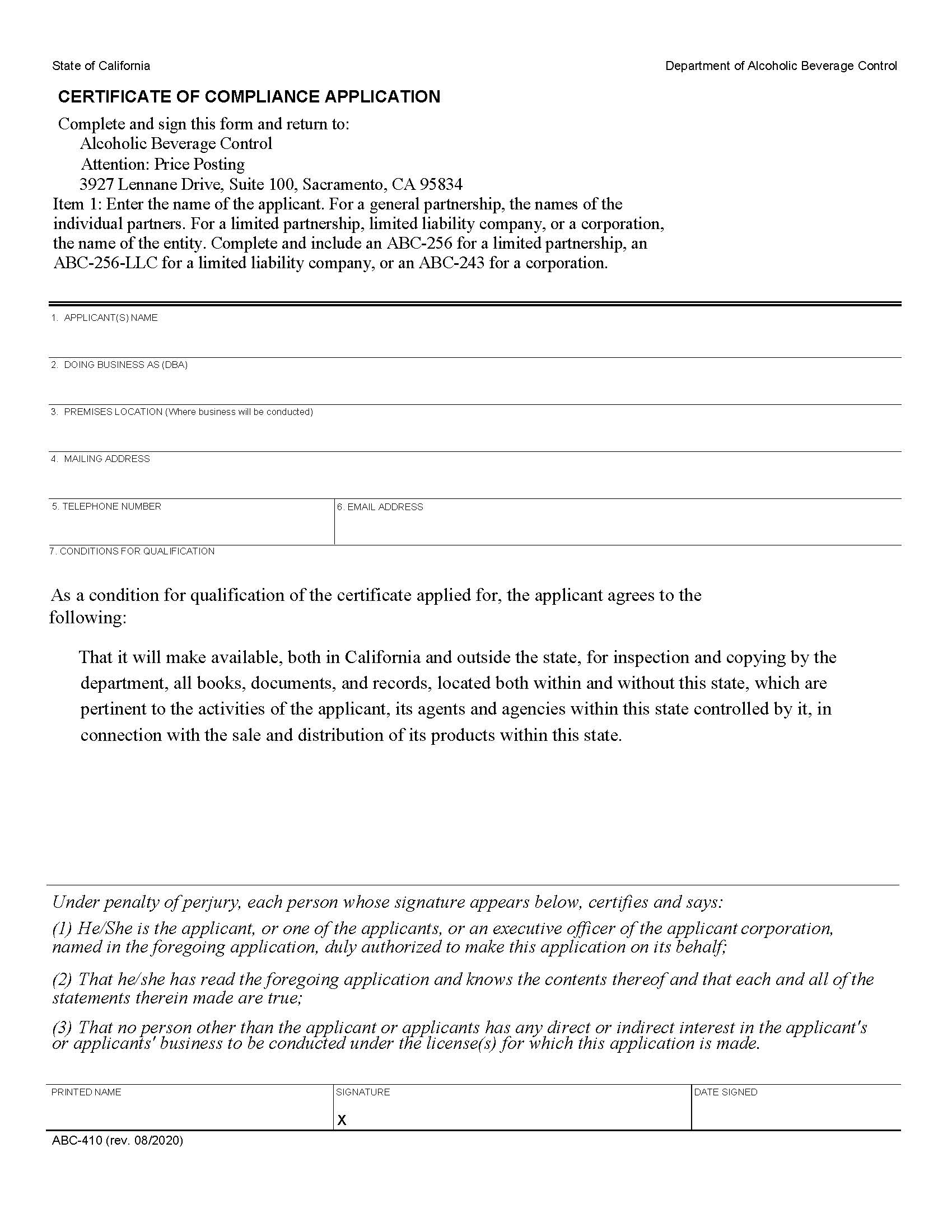 California Beer Shippers Agreement {ABC-410} | Pdf Fpdf Doc Docx | California