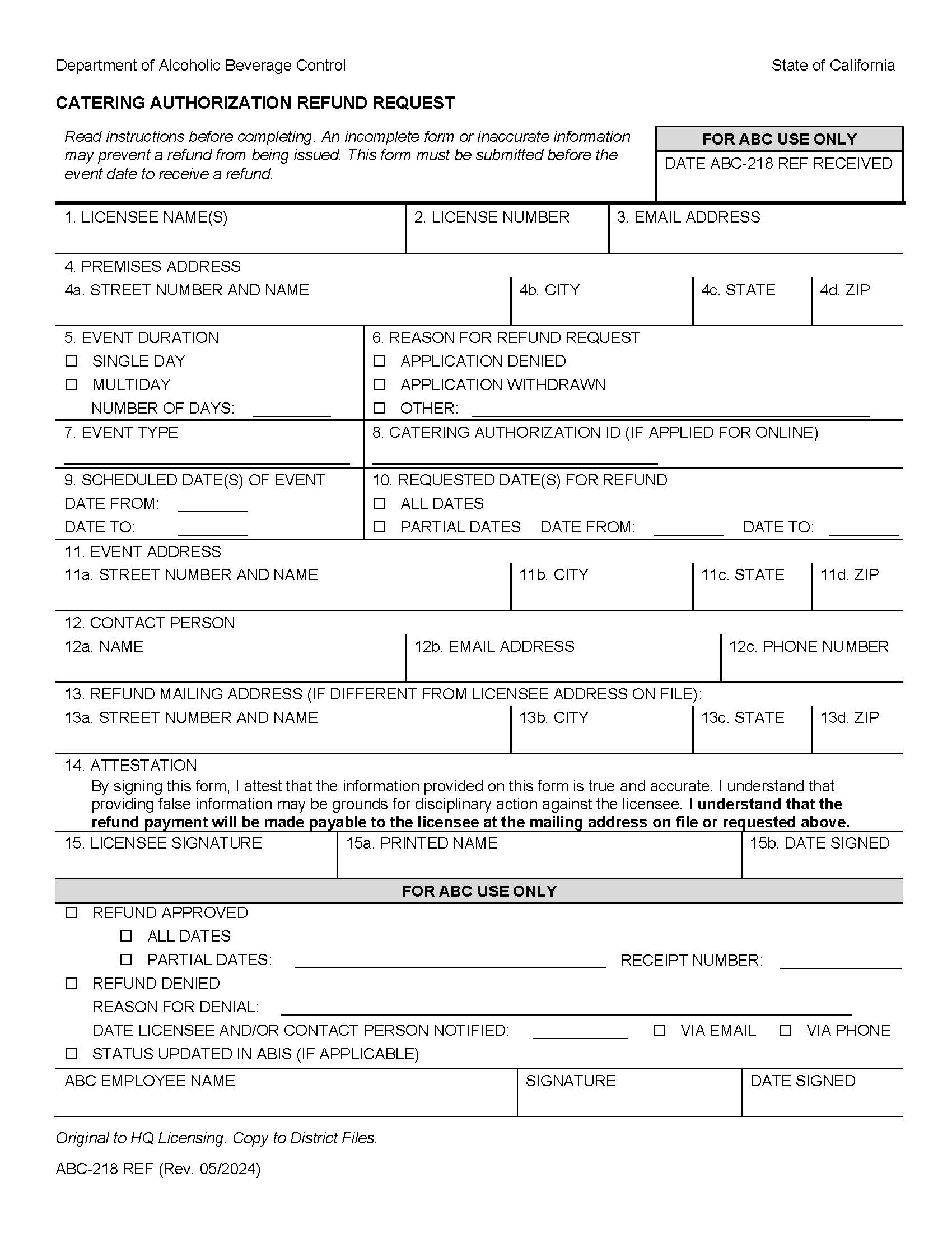 Catering Authorization Refund Request {ABC-218 REF} | Pdf Fpdf Docx | California