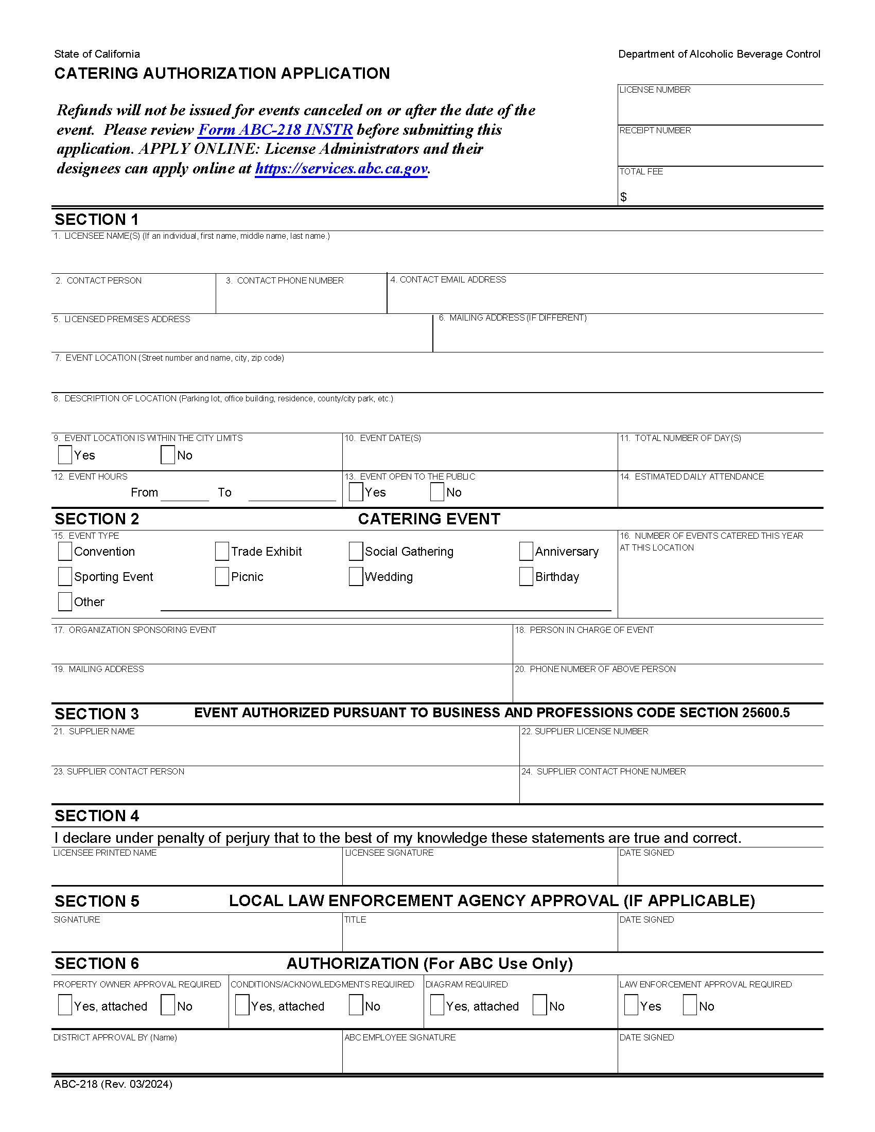Catering Or Event Authorization Application {ABC-218} | Pdf Fpdf Doc Docx | California