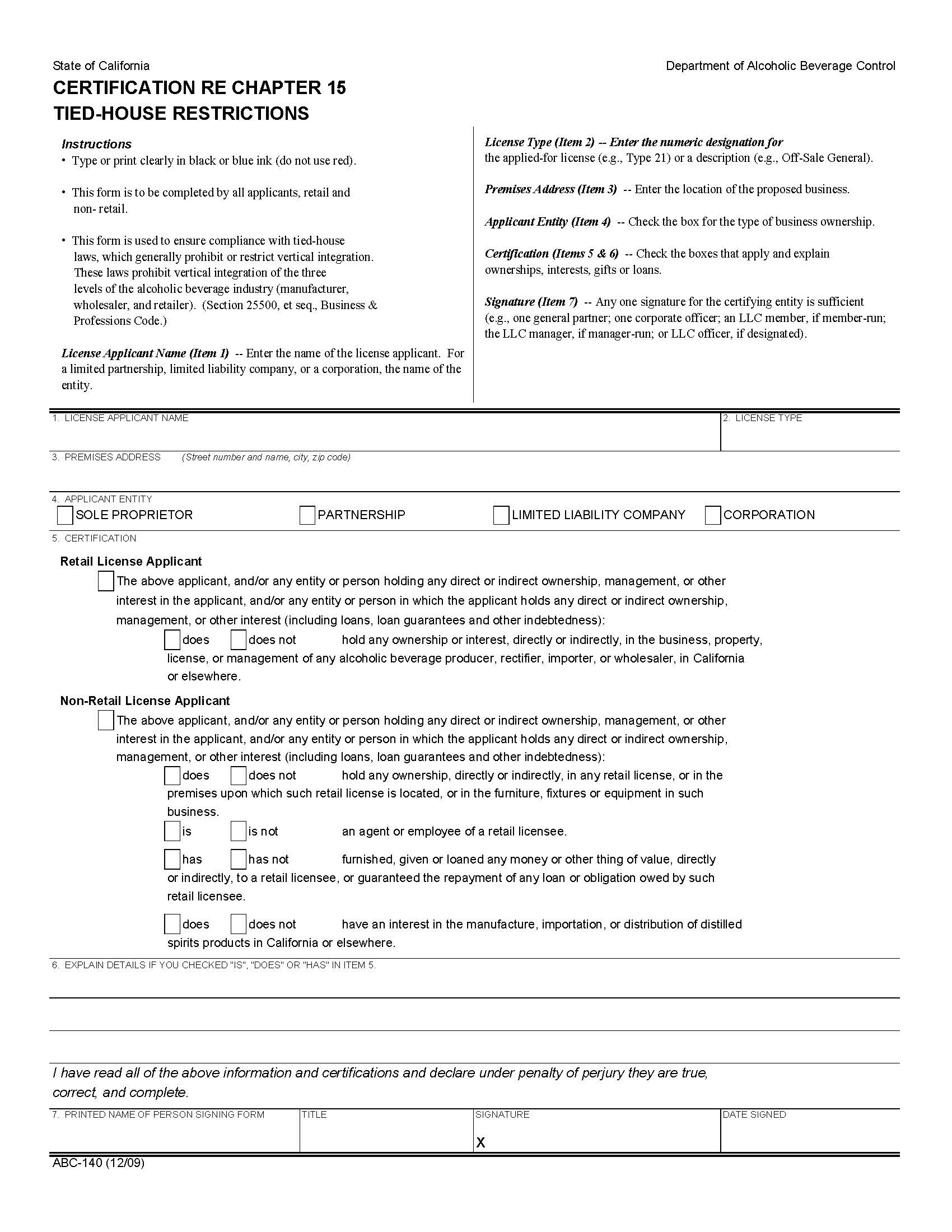 Certification Re Chapter 15 Tied-House Restrictions {ABC-140} | Pdf Fpdf Docx | California