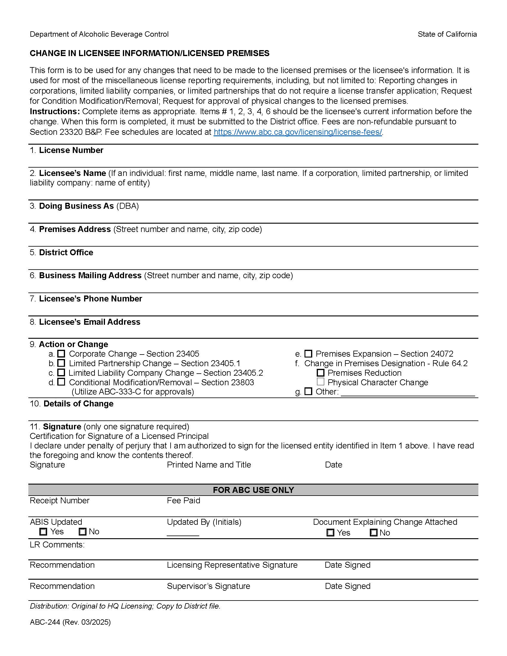 Change In Licensee Information-Licensed Premises {ABC-244} | Pdf Fpdf Docx | California