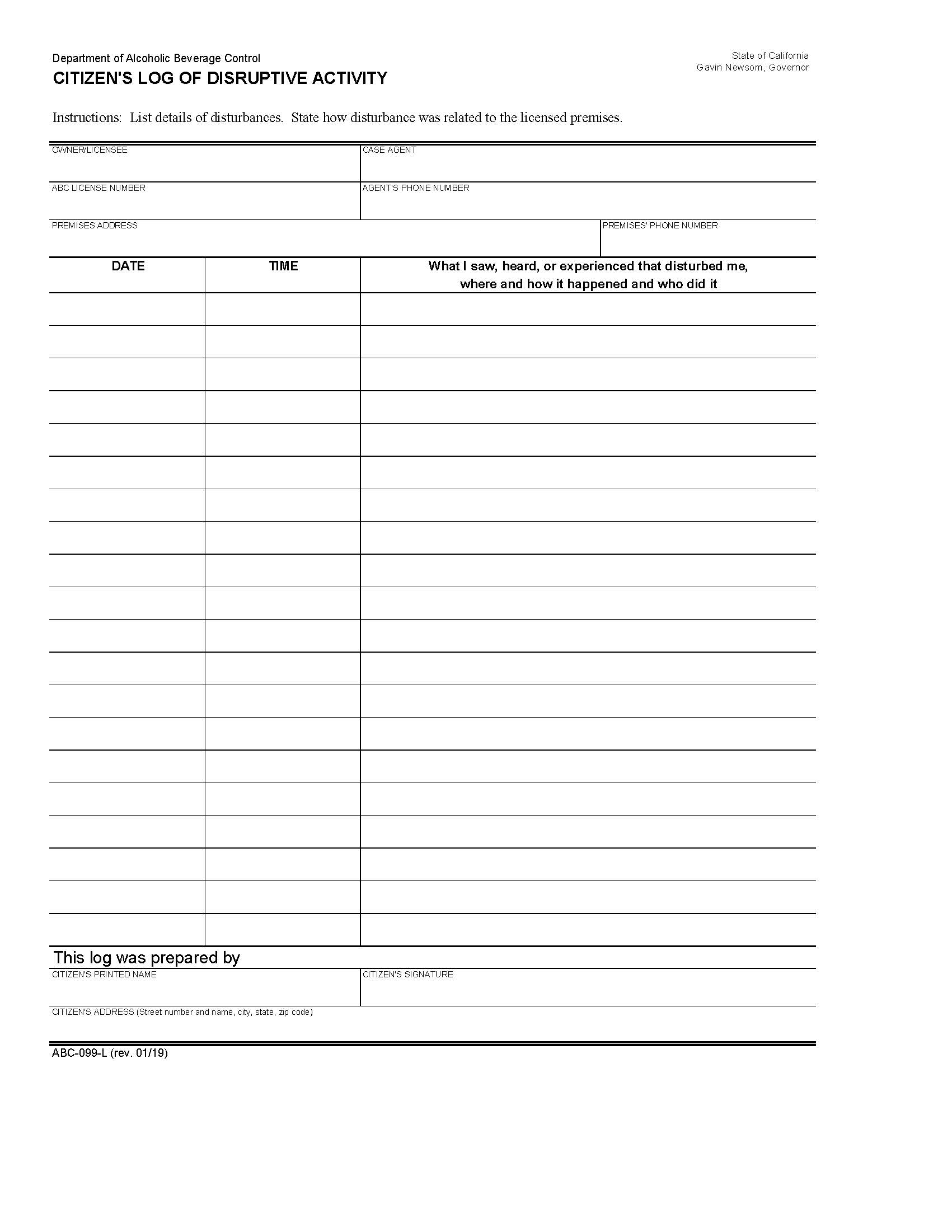 Citizens Log Of Disruptive Activity {ABC-099-L} | Pdf Fpdf Docx | California