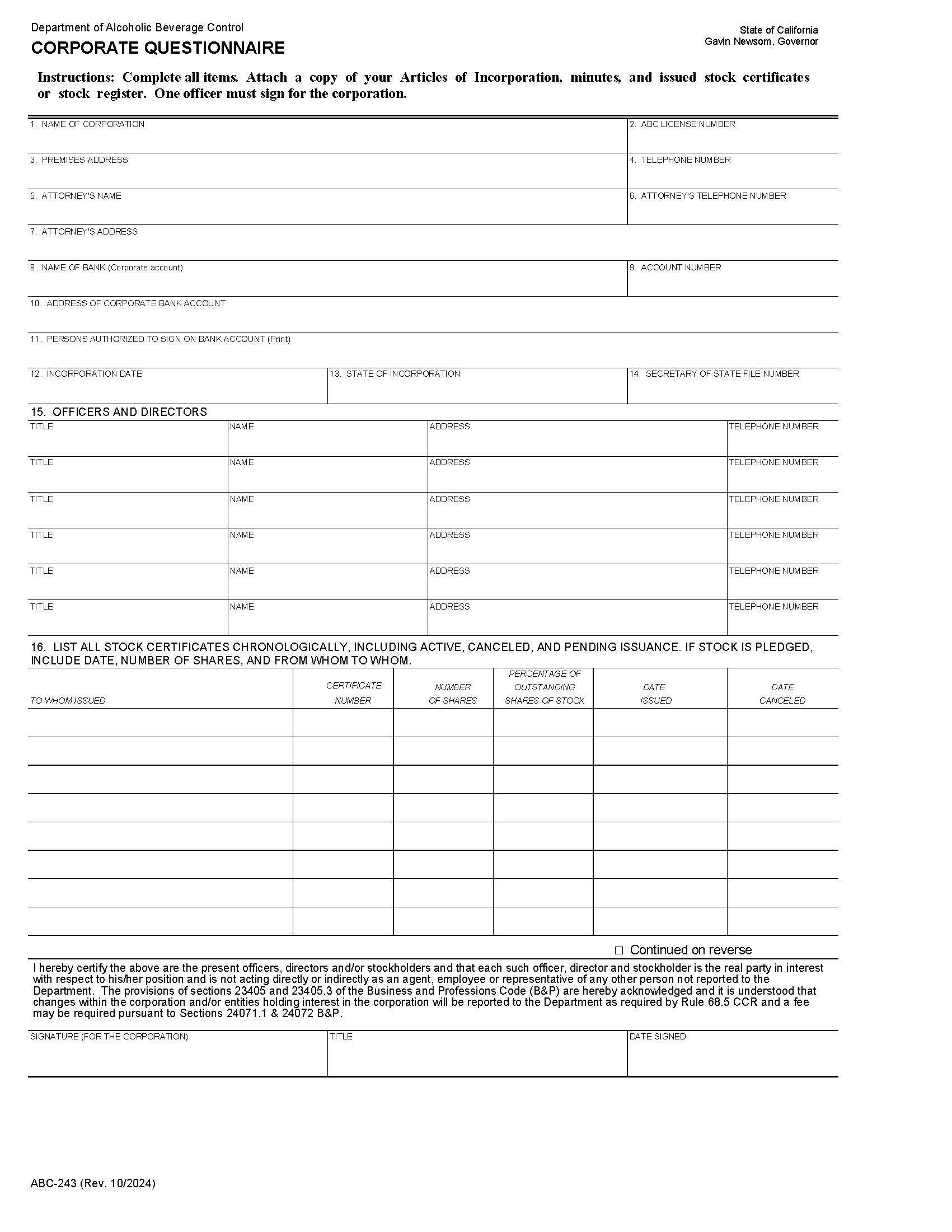 Corporate Questionnaire {ABC-243} | Pdf Fpdf Docx | California