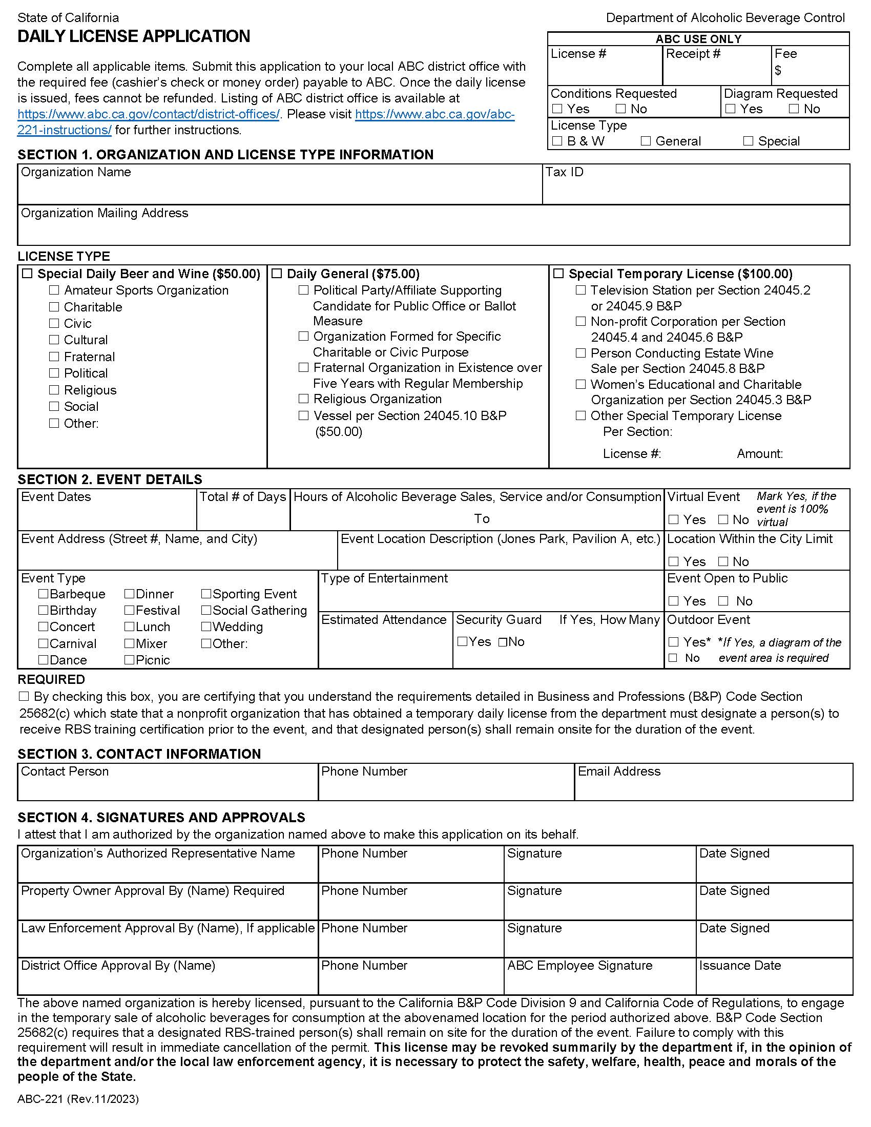 Daily License Application-Authorization-Non Transferable {ABC-221} | Pdf Fpdf Docx | California