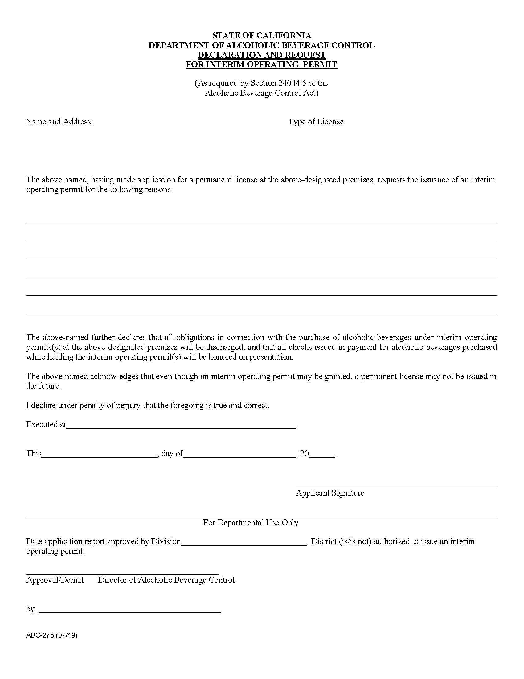 Declaration And Request For Interim Retail Permit {ABC-275} | Pdf Fpdf Doc Docx | California