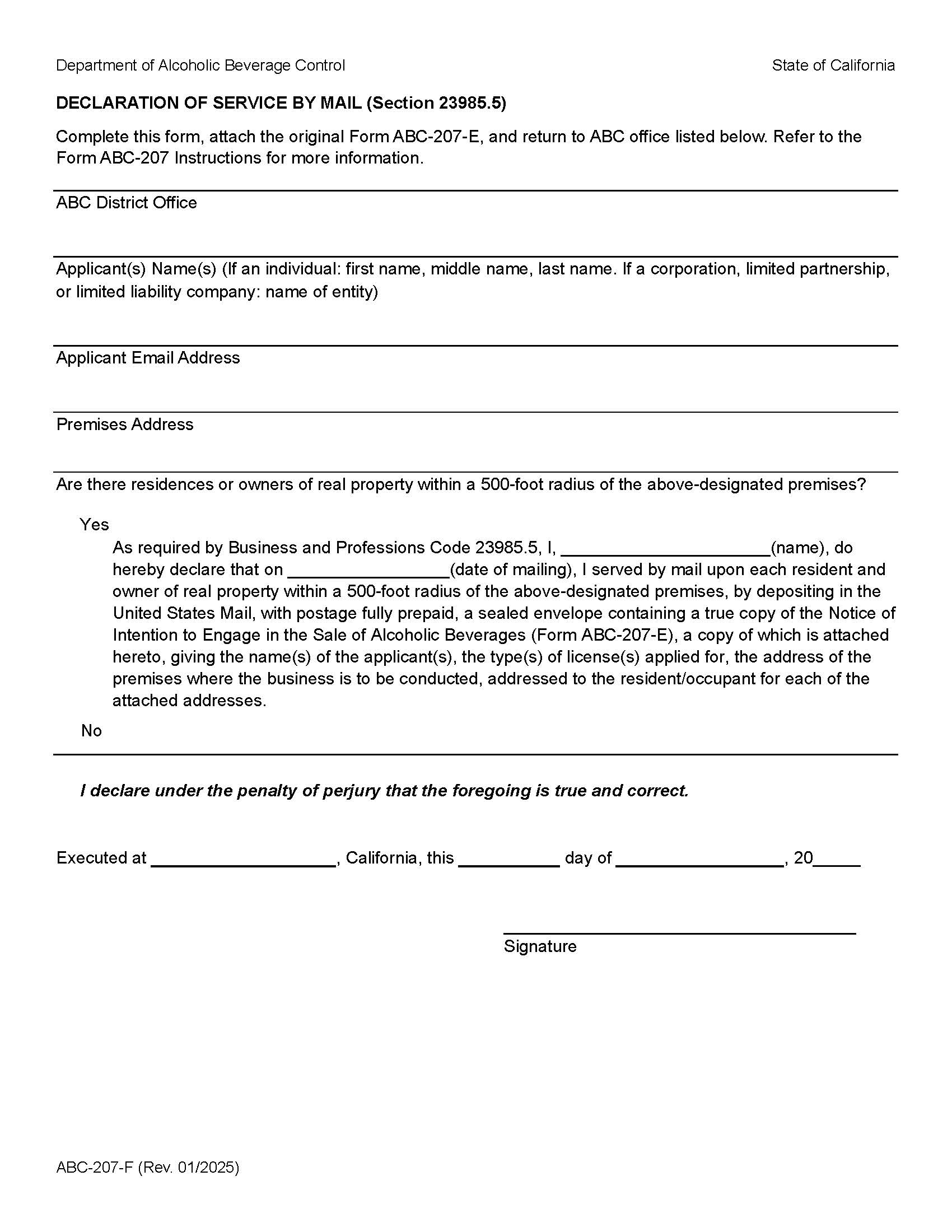 Declaration Of Service By Mail {ABC-207-F} | Pdf Fpdf Doc Docx | California