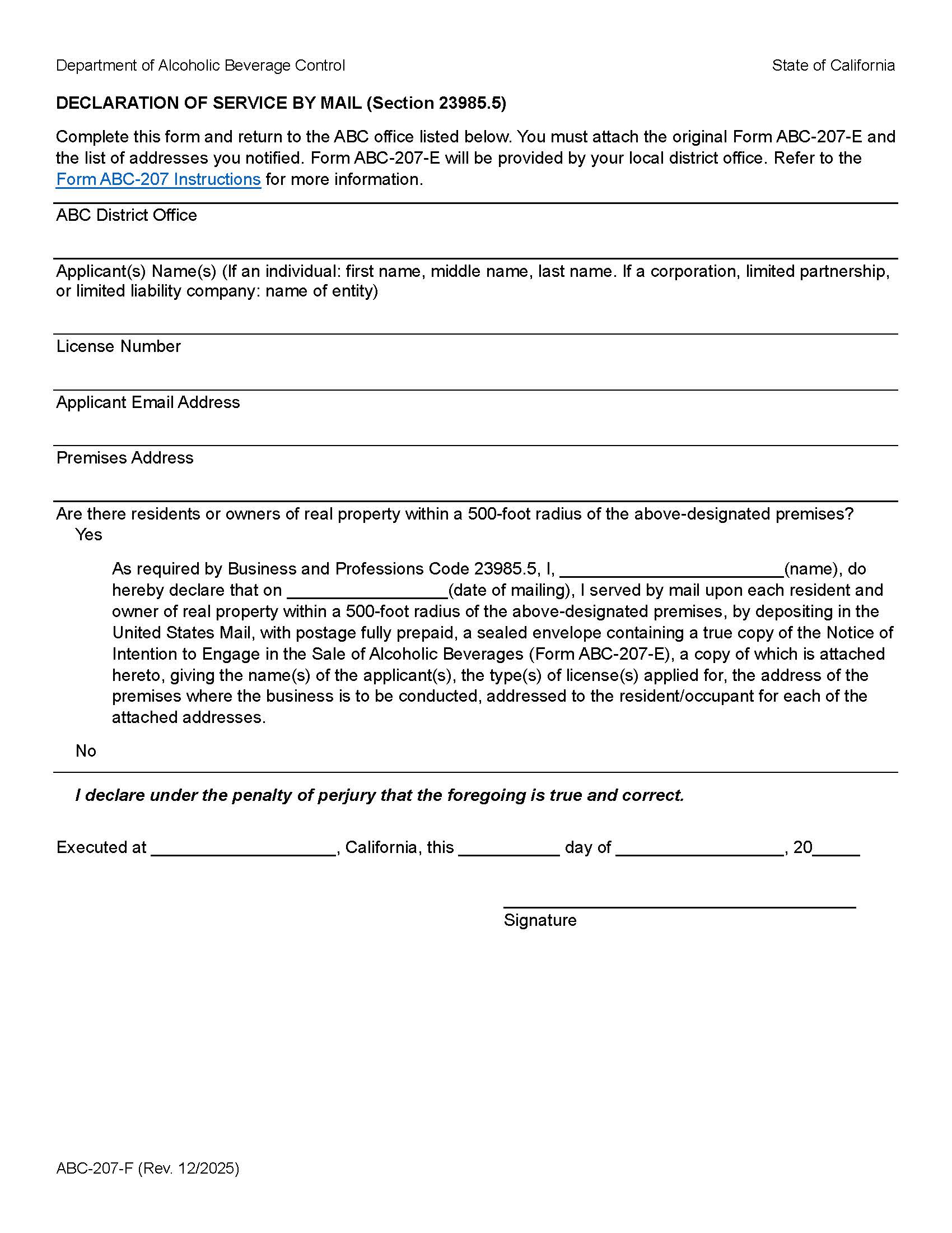 Declaration Of Service By Mail {ABC-207-F} | Pdf Fpdf Doc Docx | California