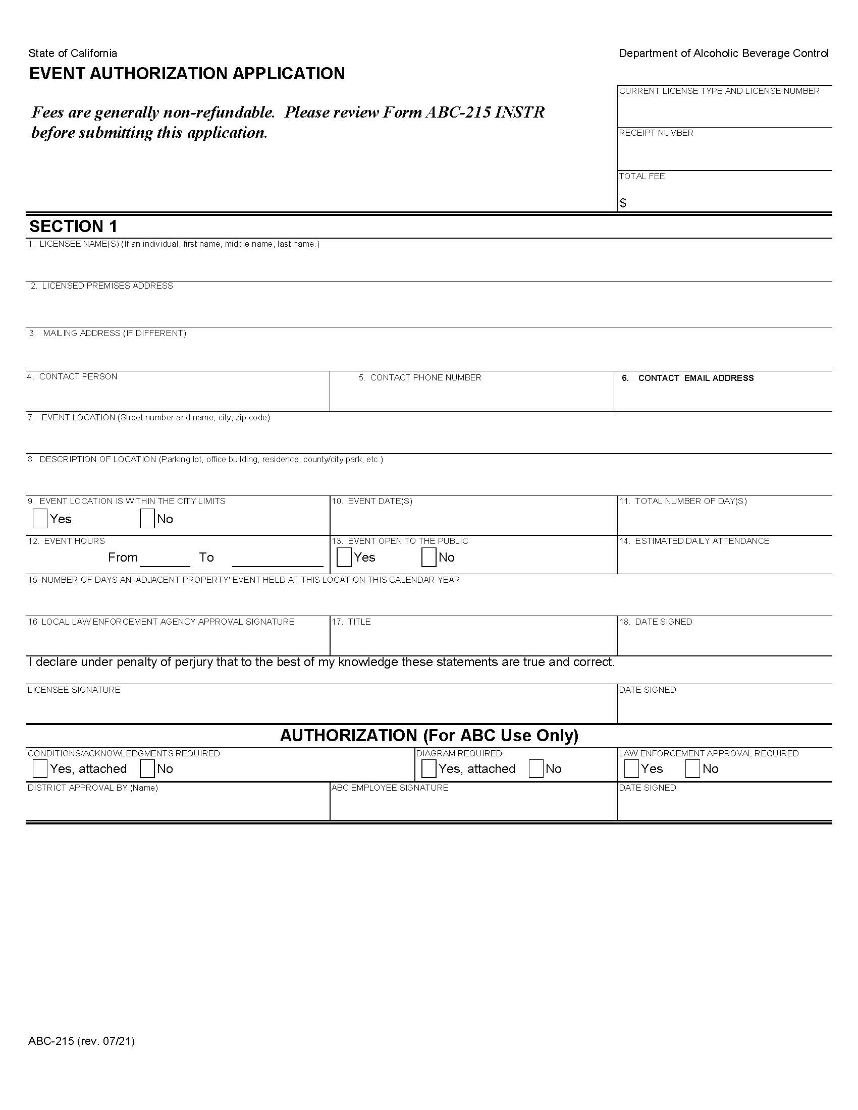 Event Authorization Application {ABC-215} | Pdf Fpdf Doc Docx | California