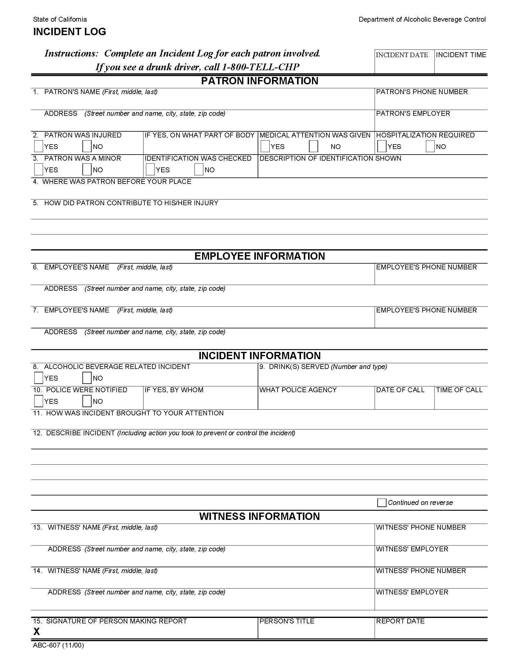 Incident Log {ABC-607} | Pdf Fpdf Doc Docx | California