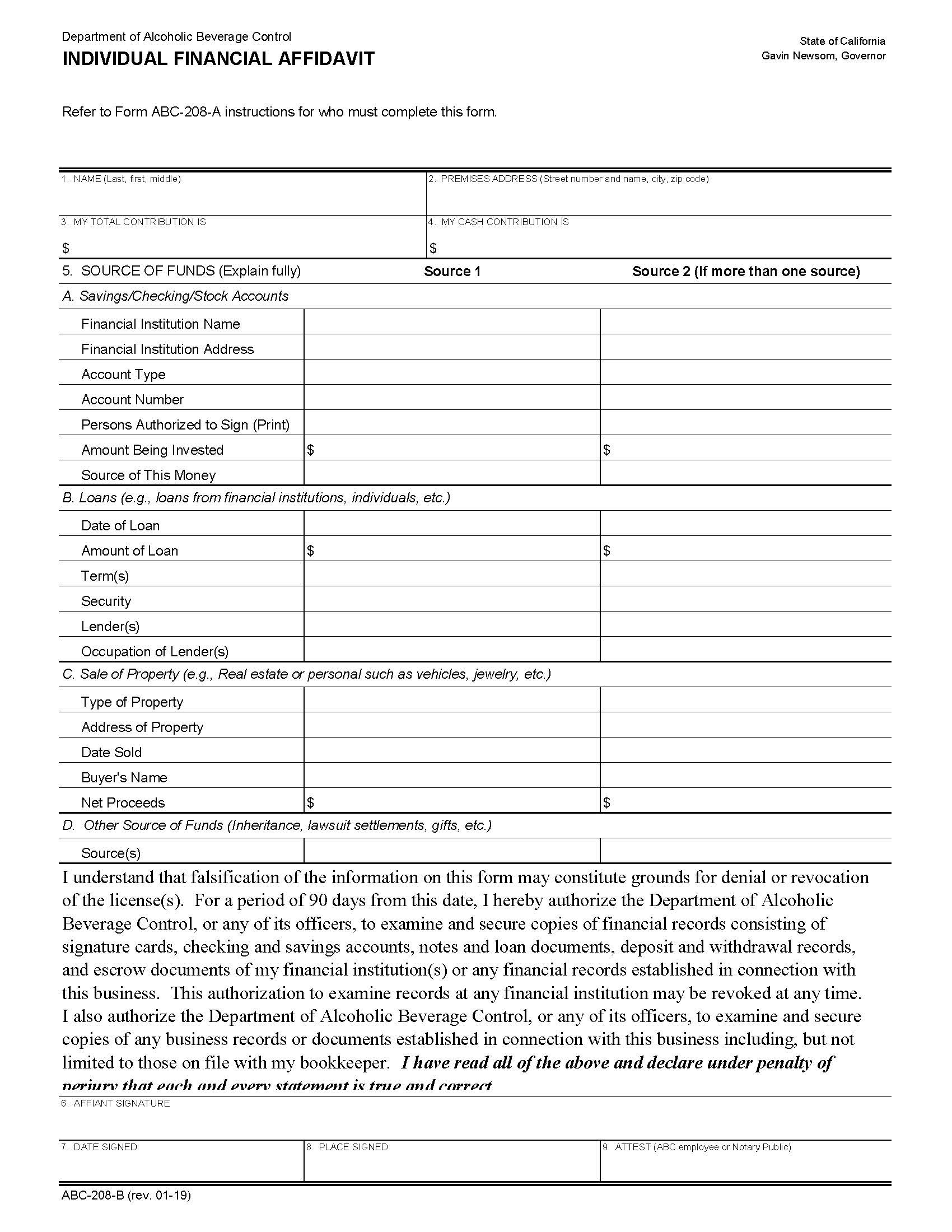 Individual Financial Affidavit {ABC-208-B} | Pdf Fpdf Docx | California
