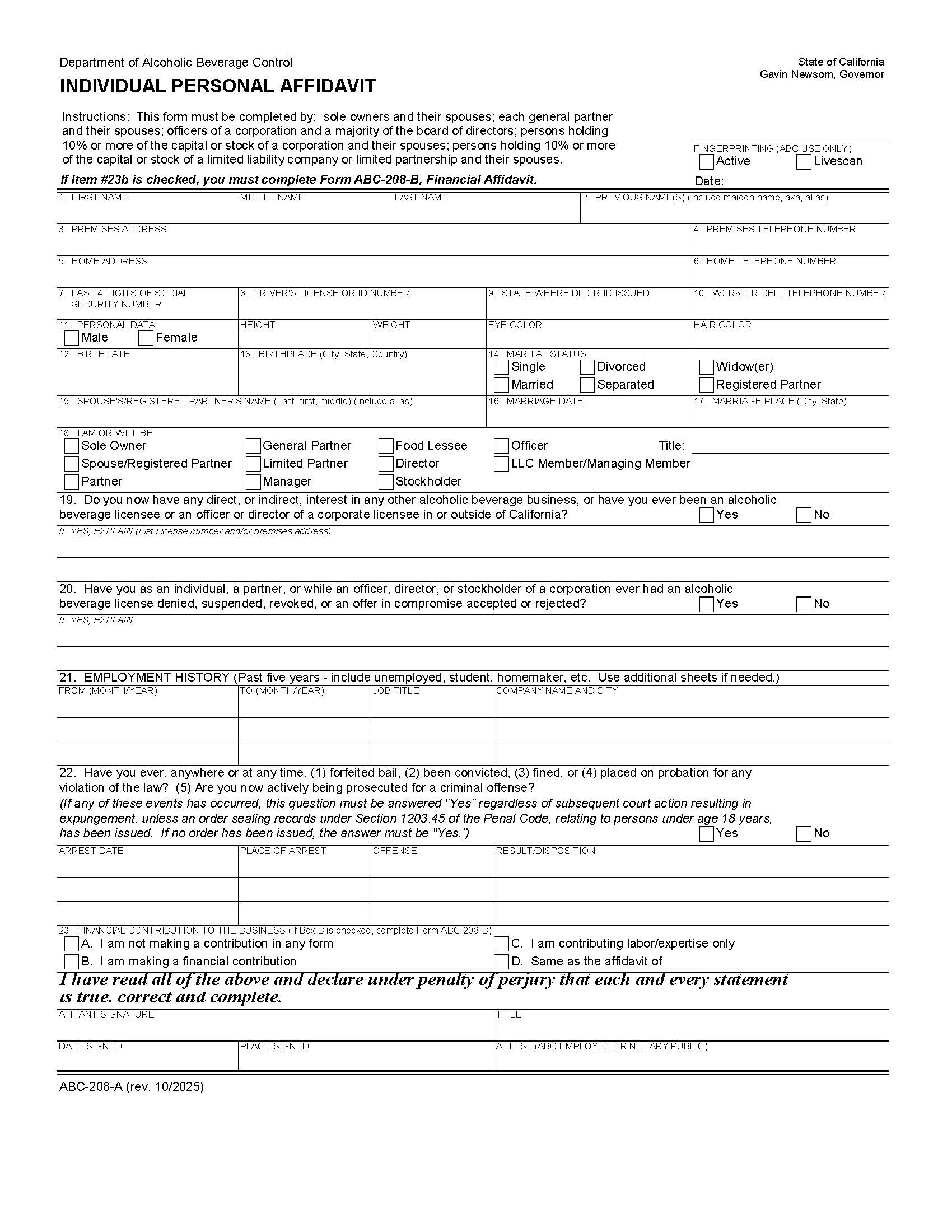 Individual Personal Affidavit (Must Also Complete For Officer Of A Corporation) {ABC-208-A} | Pdf Fpdf Docx | California