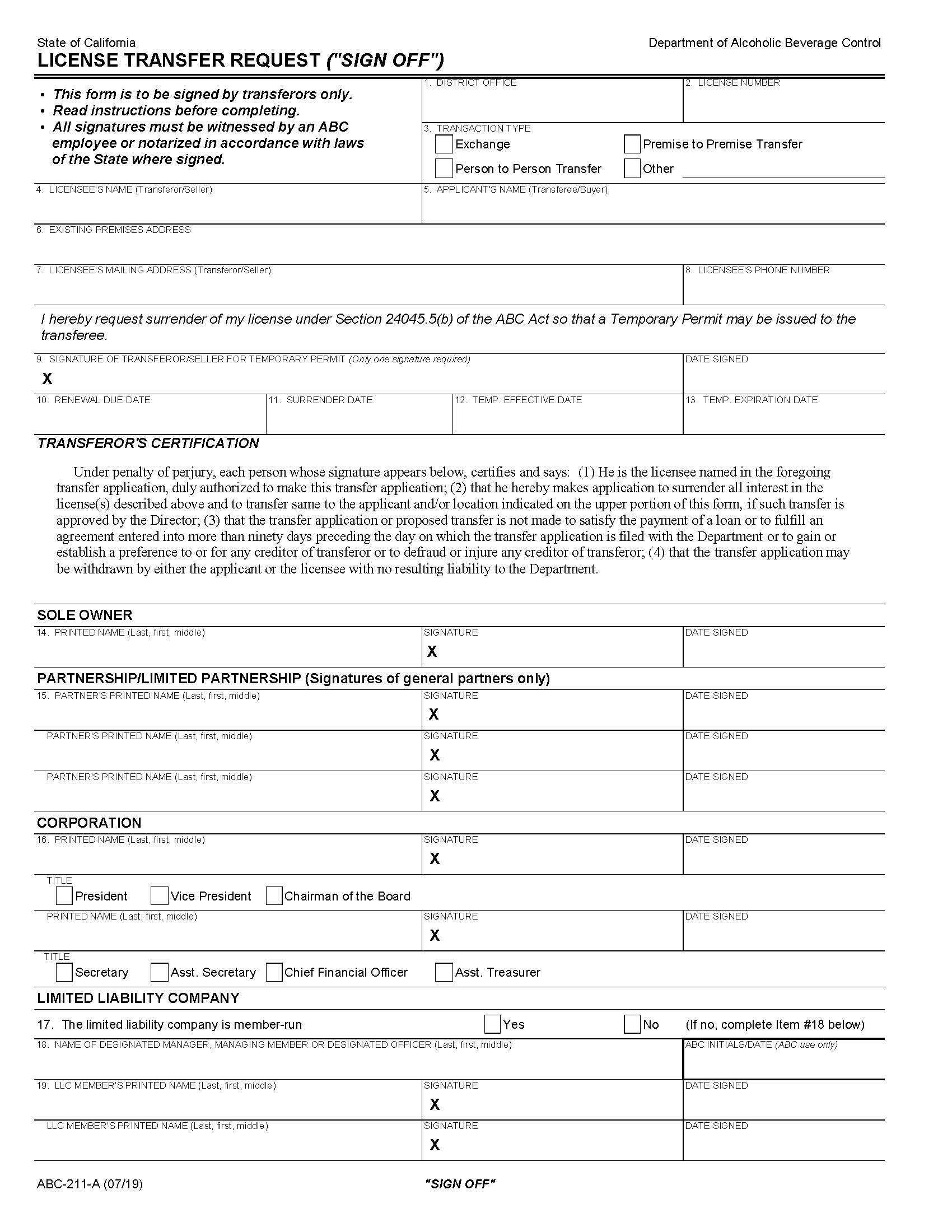 License Transfer Request (Sign Off) {ABC-211-A} | Pdf Fpdf Doc Docx | California