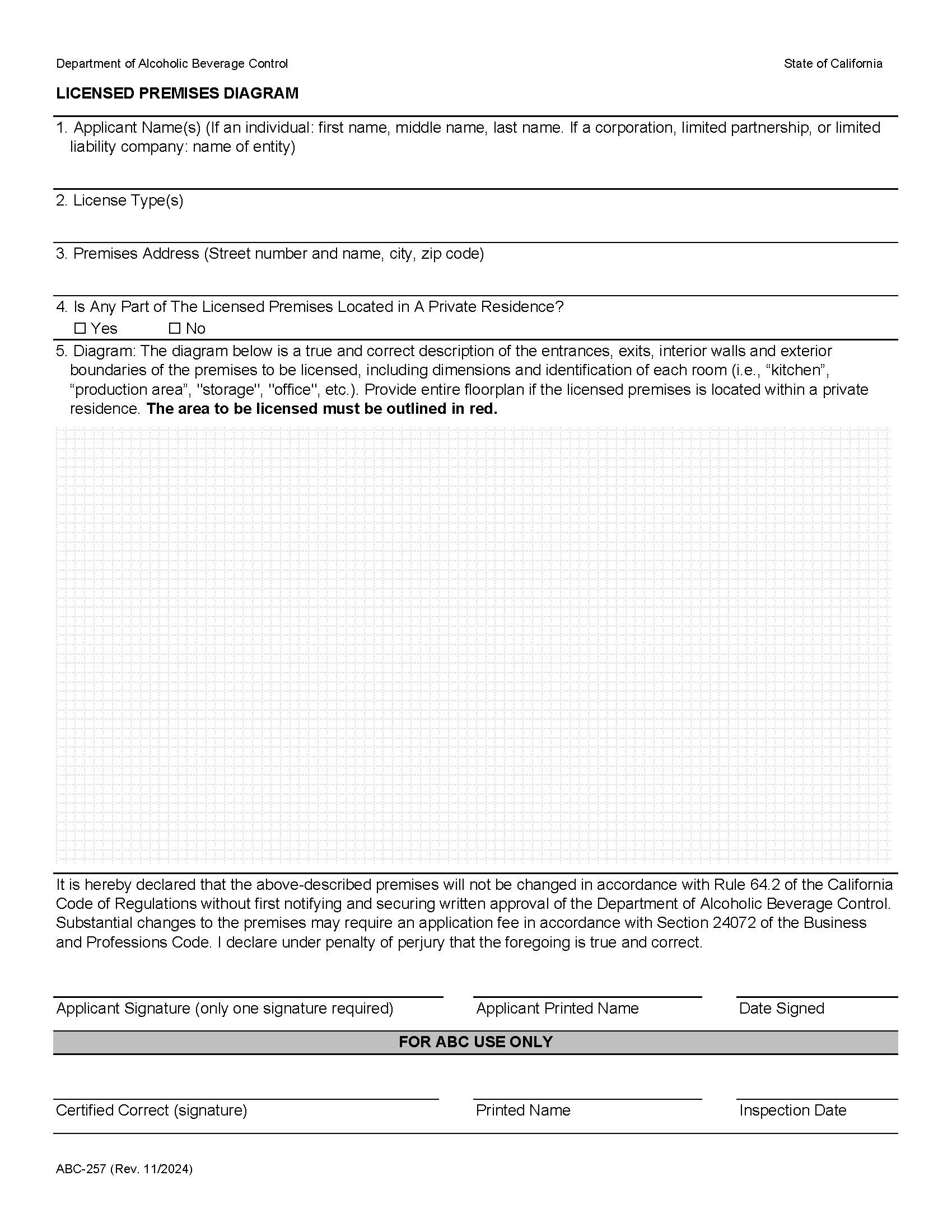 Licensed Premises Diagram (Retail) {ABC-257} | Pdf Fpdf Docx | California