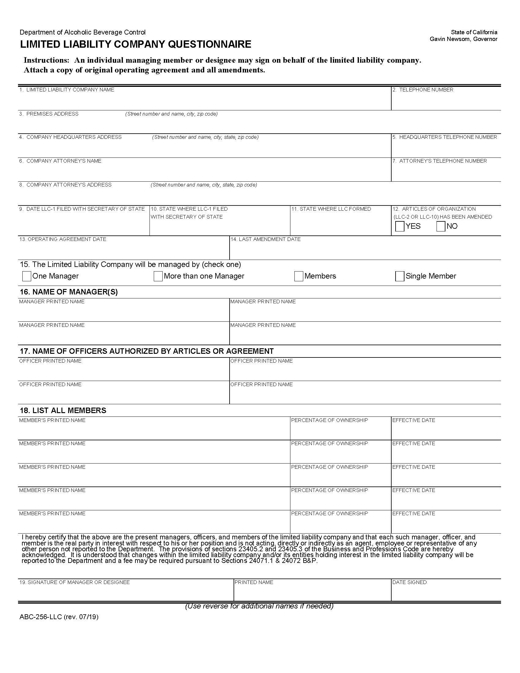 Limited Liability Company Questionnaire {ABC-256-LLC} | Pdf Fpdf Docx | California
