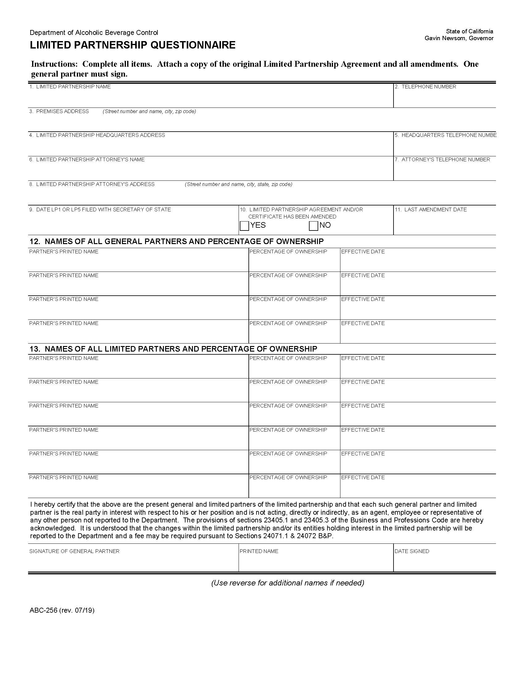 Limited Partnership Questionnaire {ABC-256} | Pdf Fpdf Docx | California